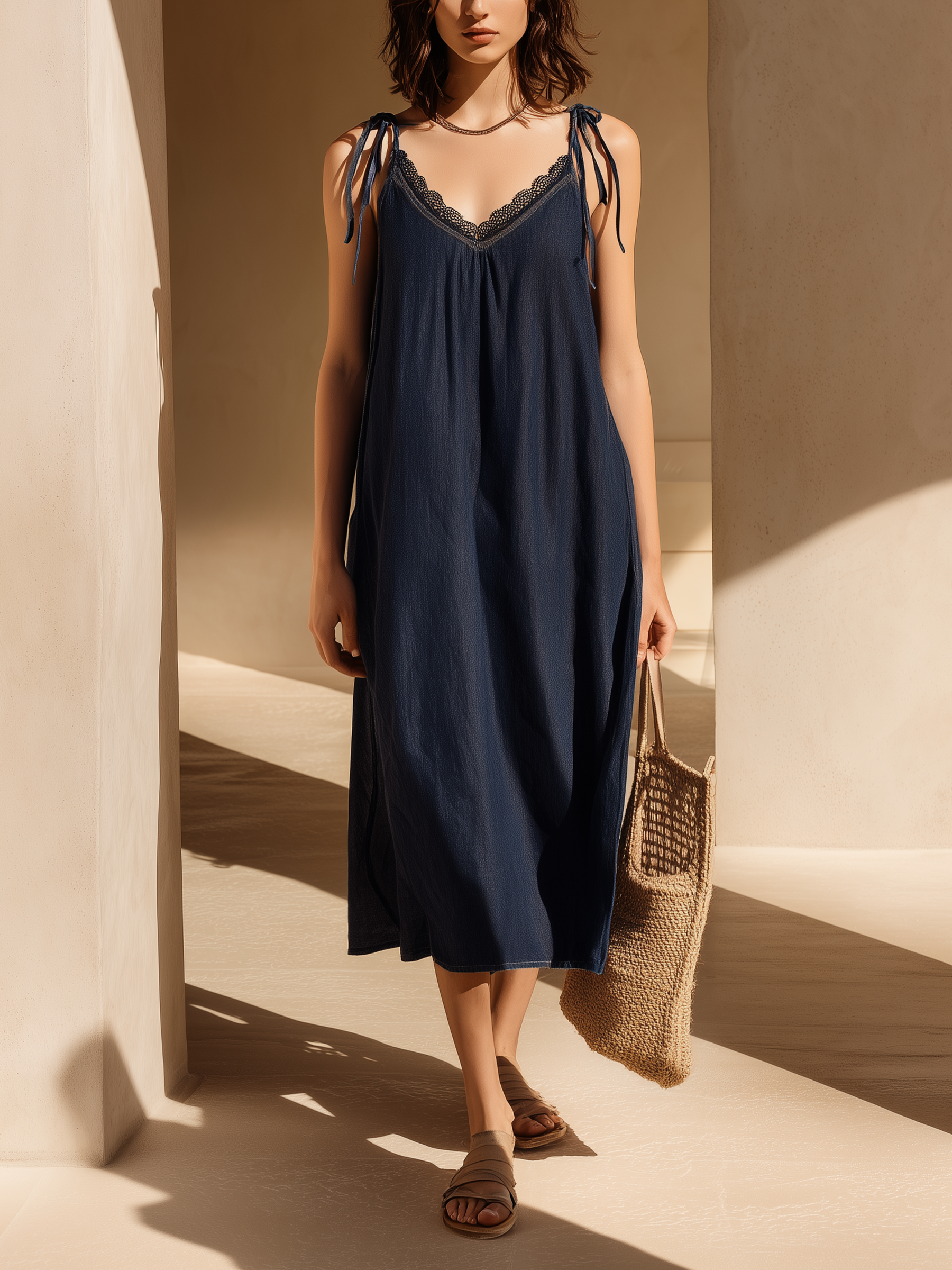Lace Trim Tie-Strap Denim Midi Dress