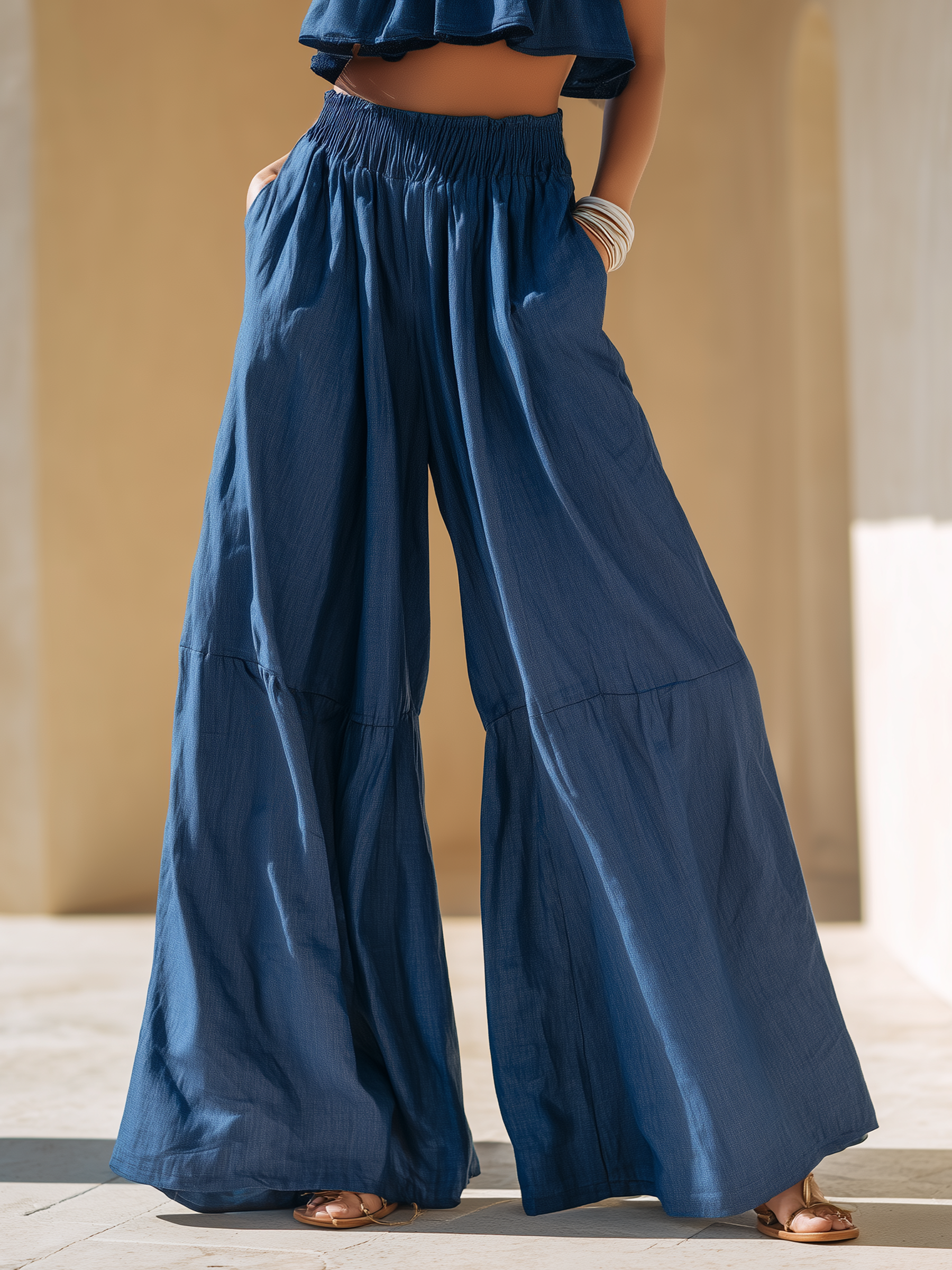 Navy Tencel Denim Smocked Waist Tiered Wide-Leg Pants