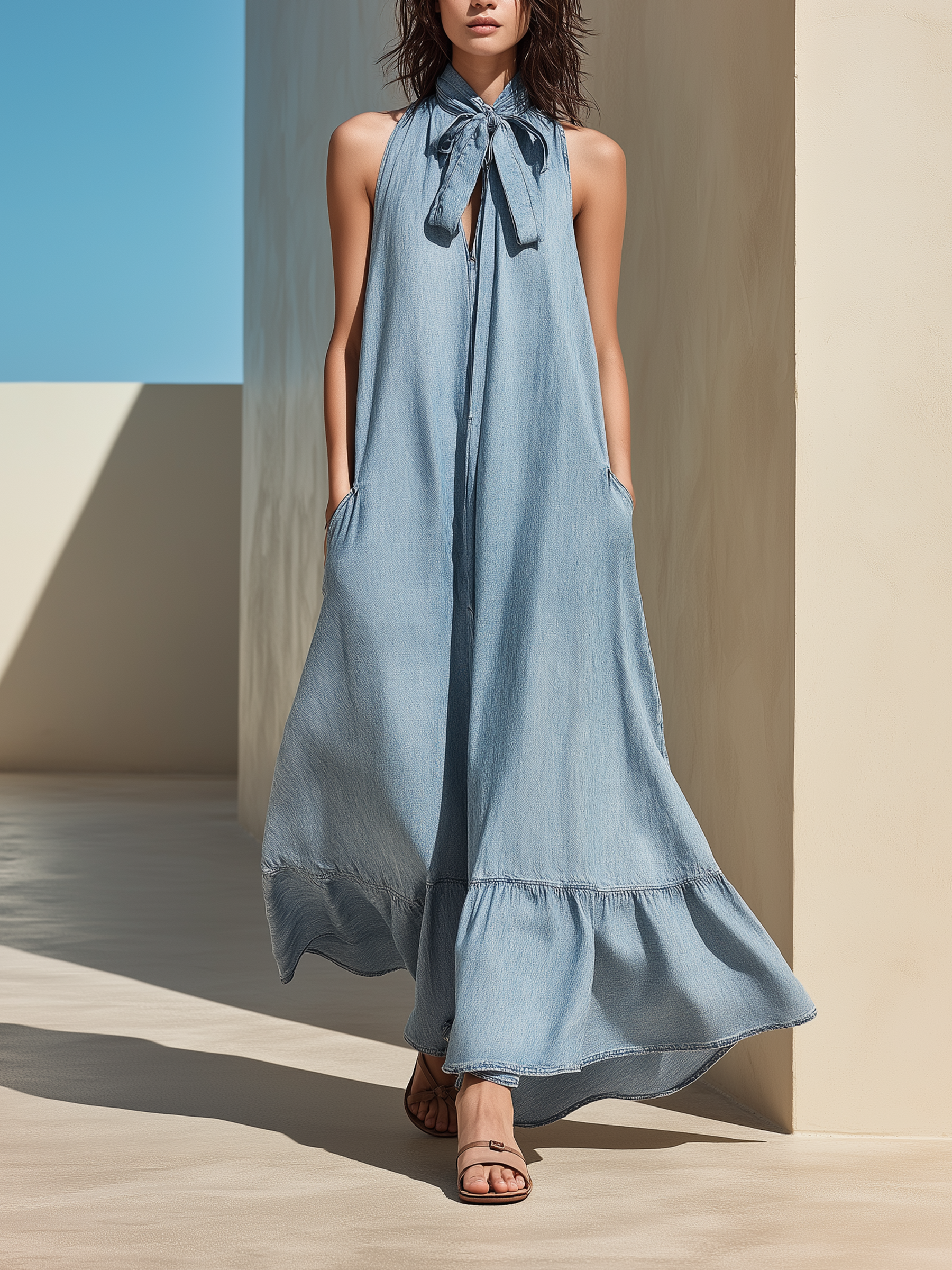 Tie-Neck Ruffled Hem Denim Maxi Dress