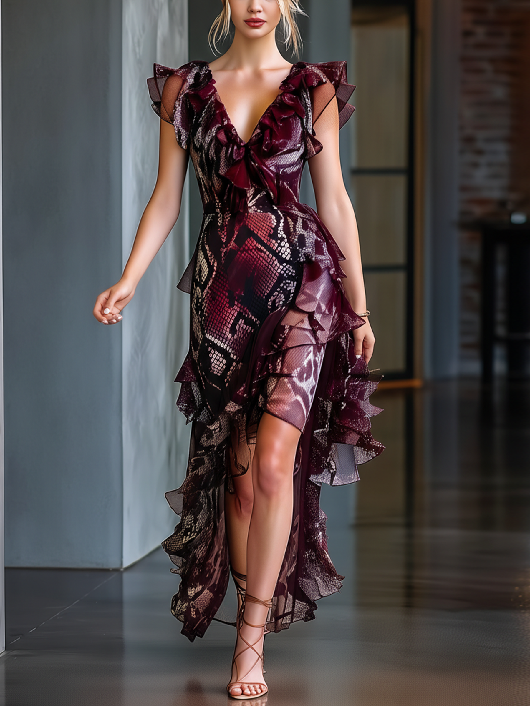 Burgundy Metallic Snakeskin Ruffled High-Low Midi Dress