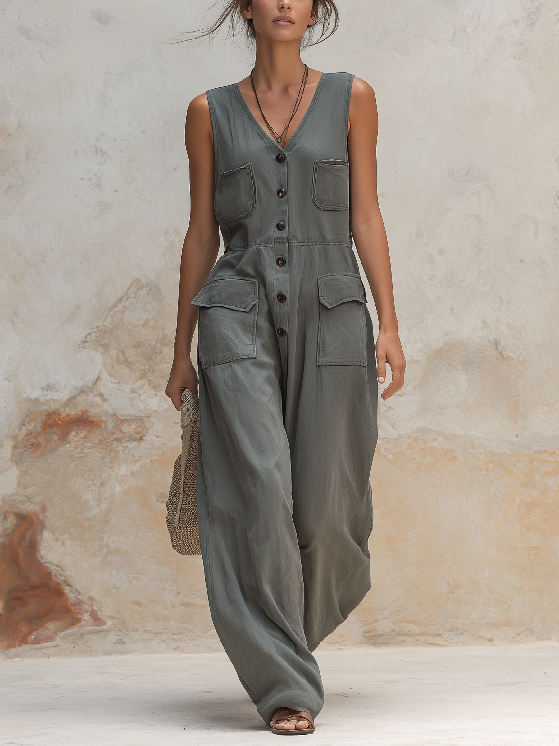 Sleeveless Utility Denim Jumpsuit