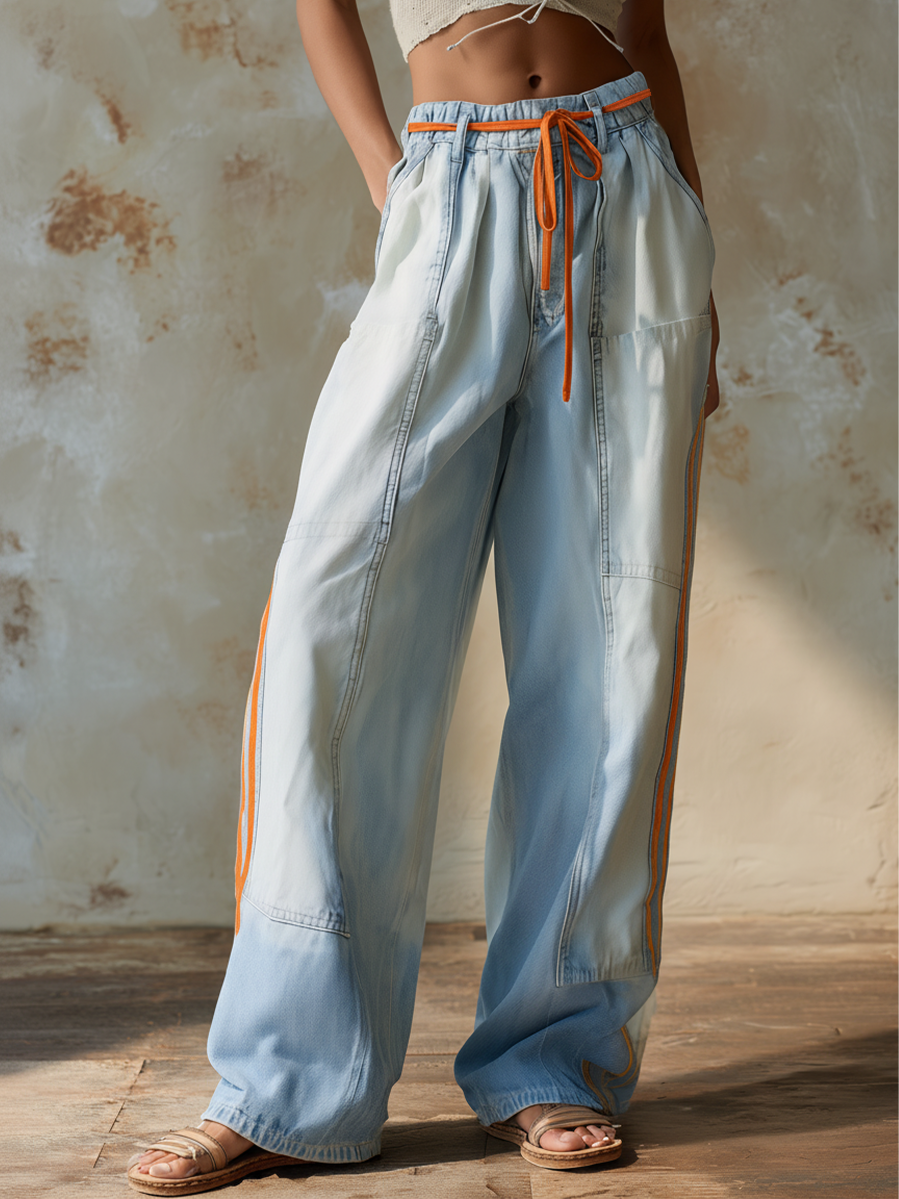 Gradient Washed Denim Wide-Leg Pants With Orange Stripes