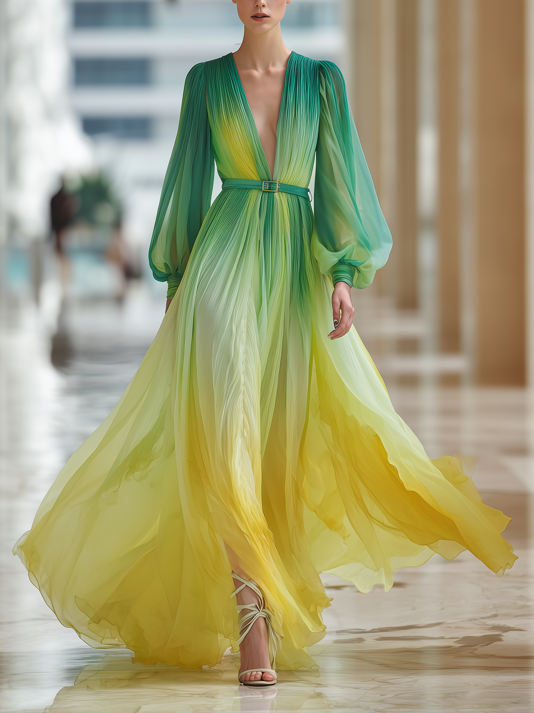 Emerald-to-Lemon Ombré Pleated Chiffon Maxi Dress With Matching Belt