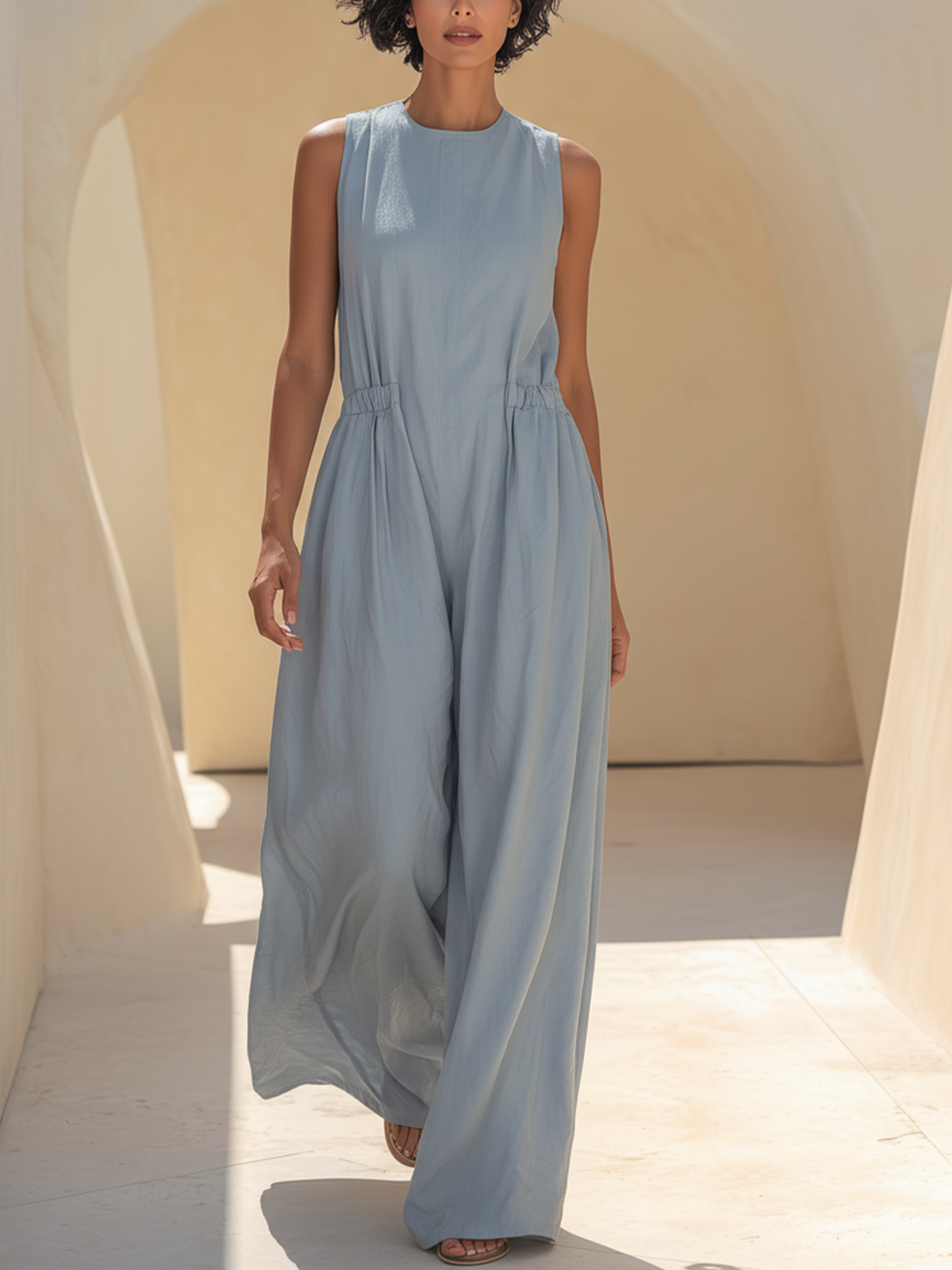 Light Blue Denim Sleeveless Wide-Leg Jumpsuit