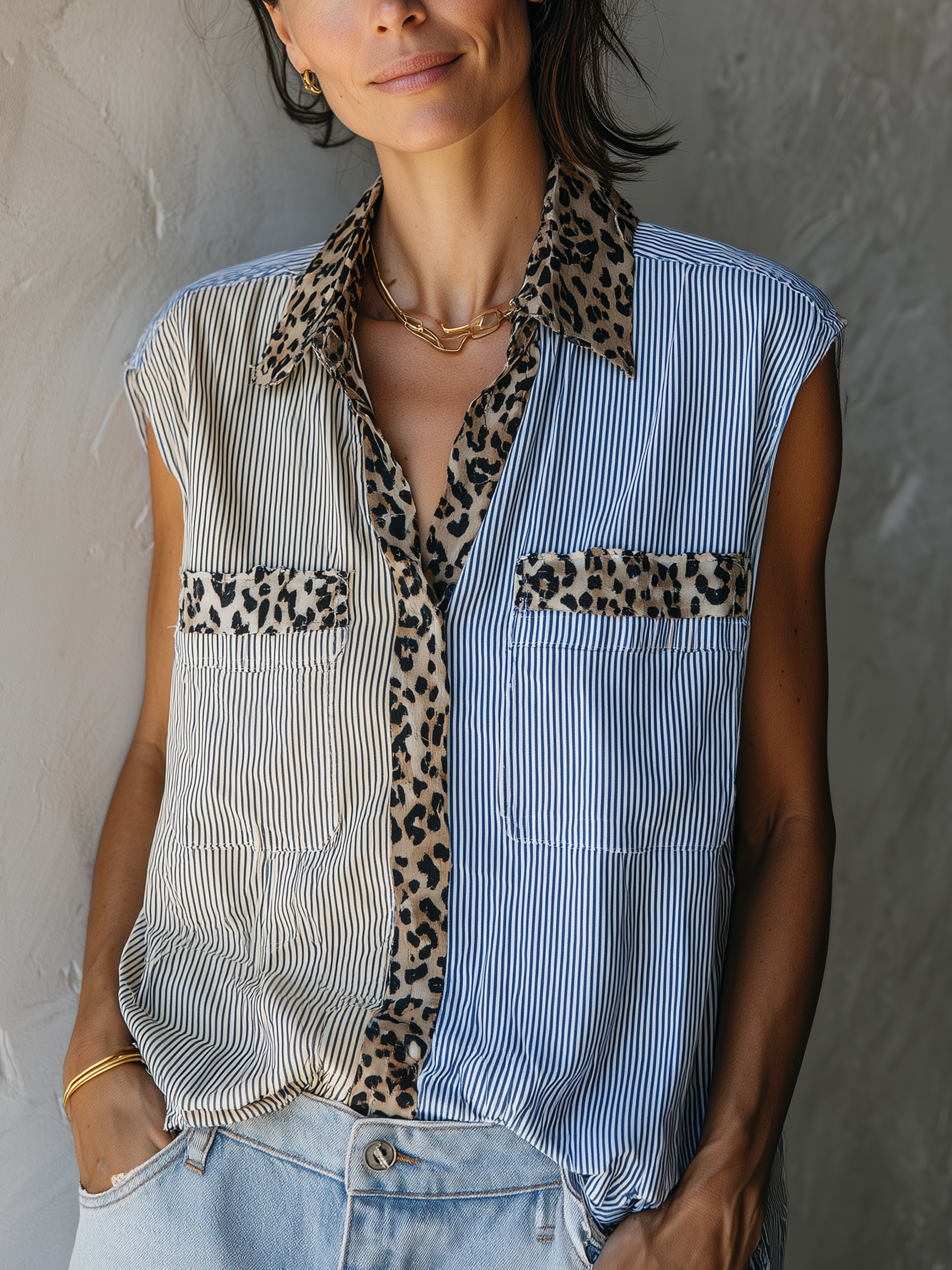 Spliced Stripe & Leopard Print Sleeveless Shirt