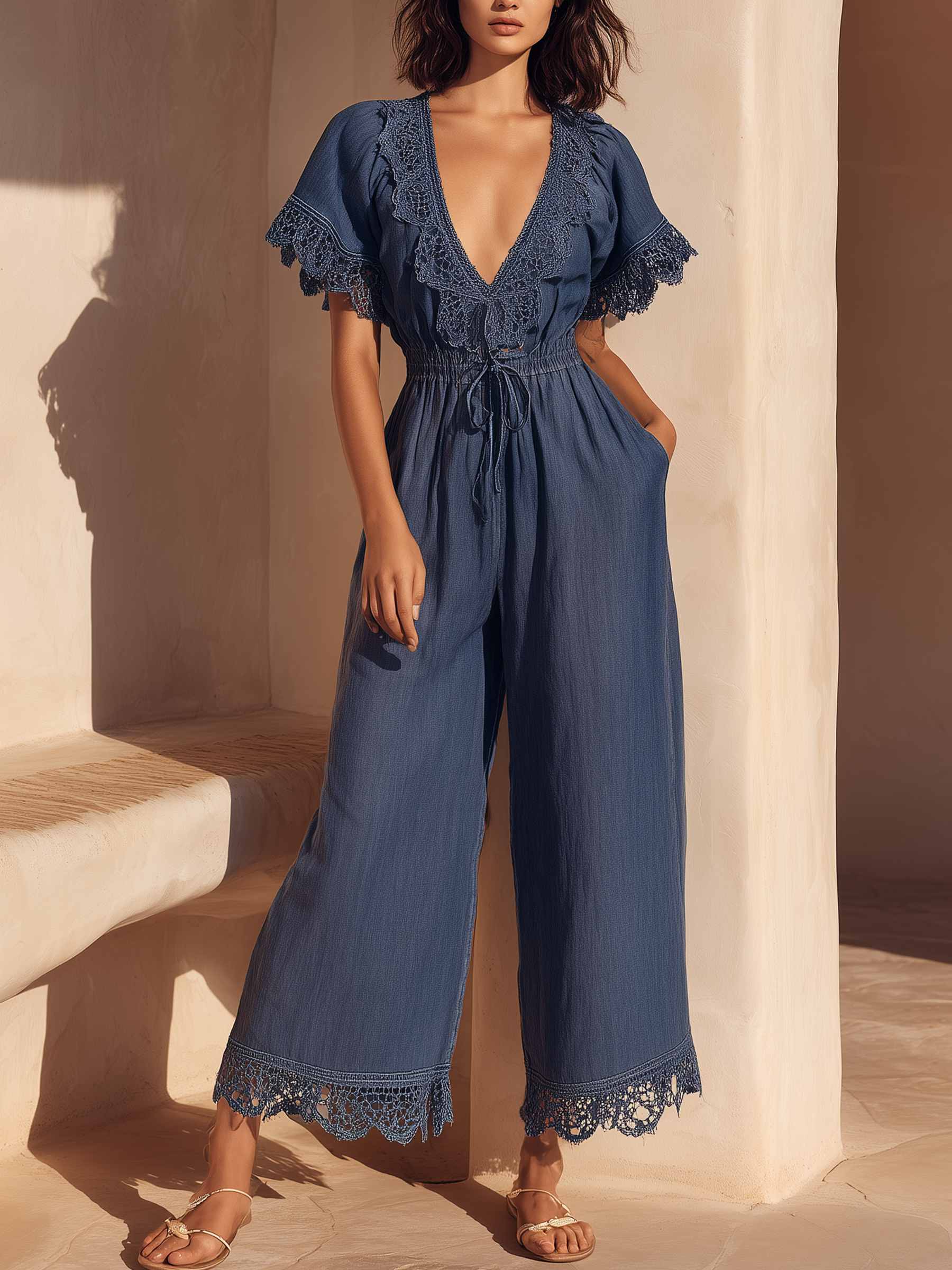 Lace Trim Plunge Denim Jumpsuit