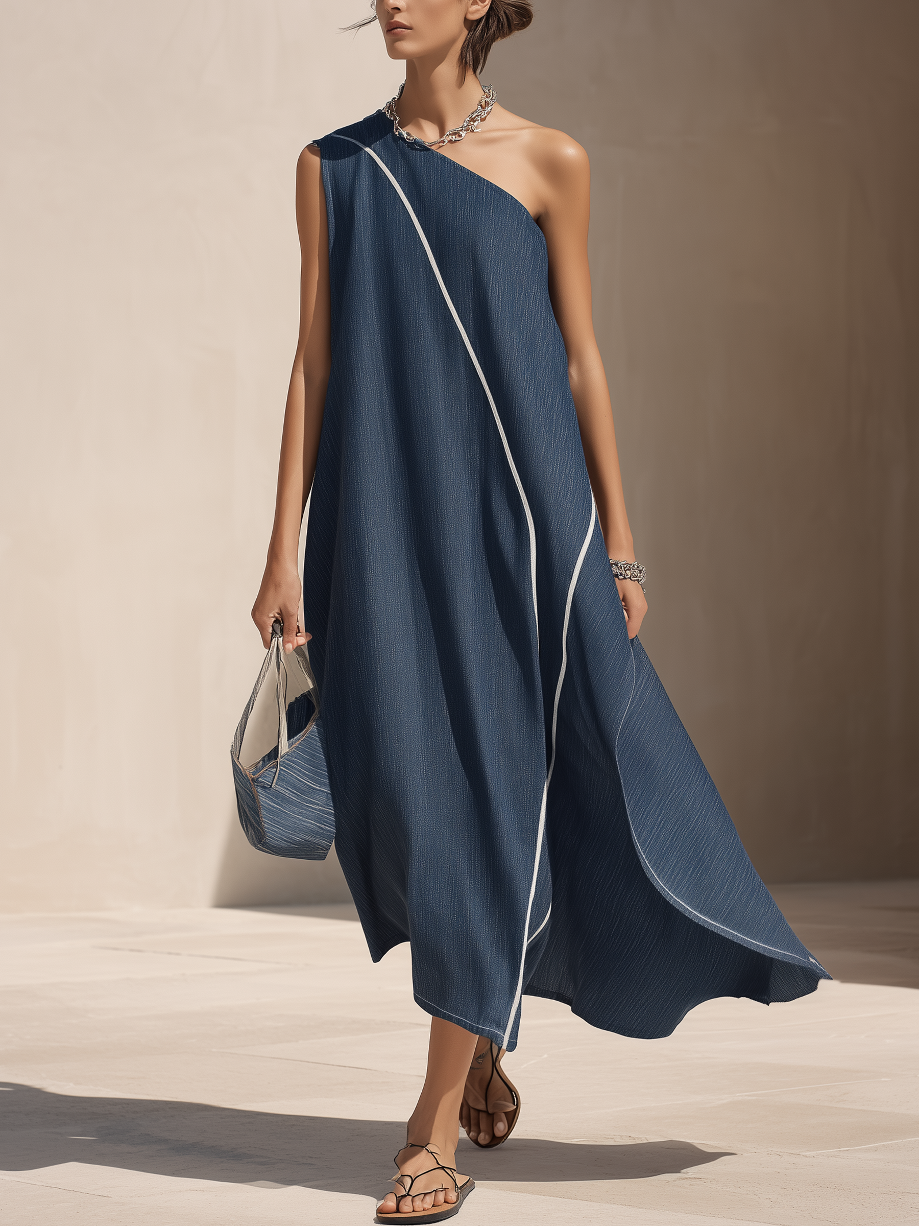 Asymmetric One-Shoulder Contrast Stripe Denim Midi Dress With Removable Belt