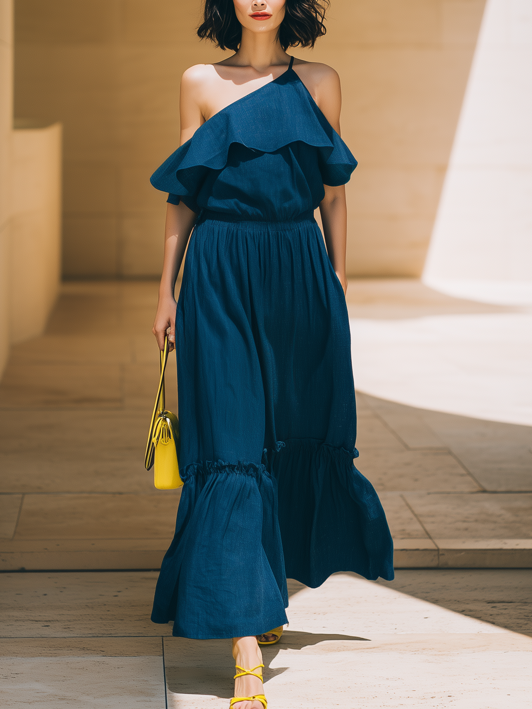 Blue One-Shoulder Ruffled Layered Maxi Dress