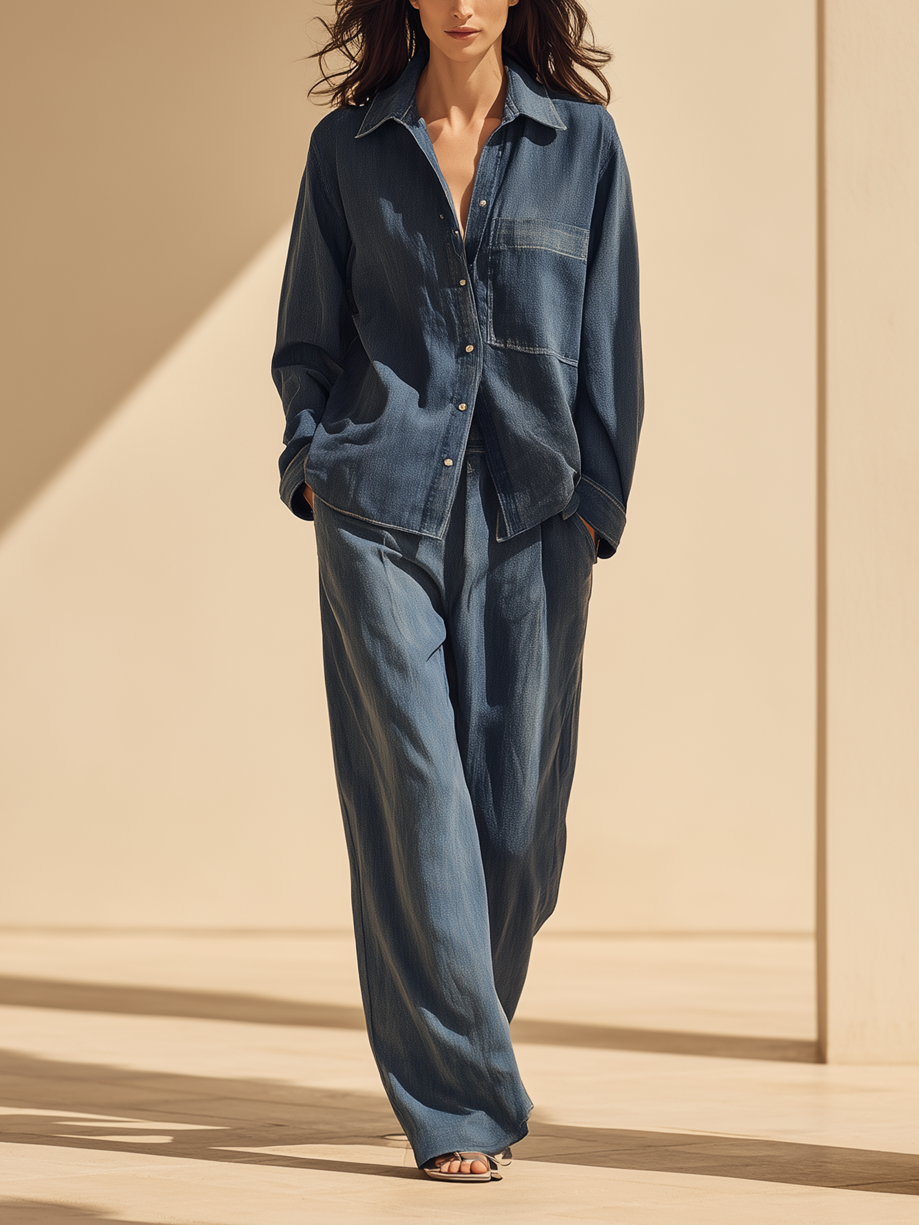 Midnight Blue Relaxed Denim Shirt & Wide-Leg Pants Set