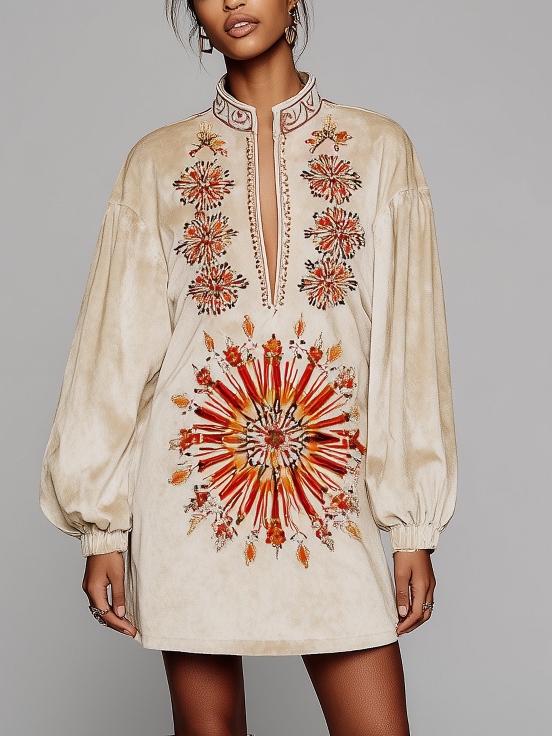 Beige Velvet Mini Dress With Firework-Floral Embroidery