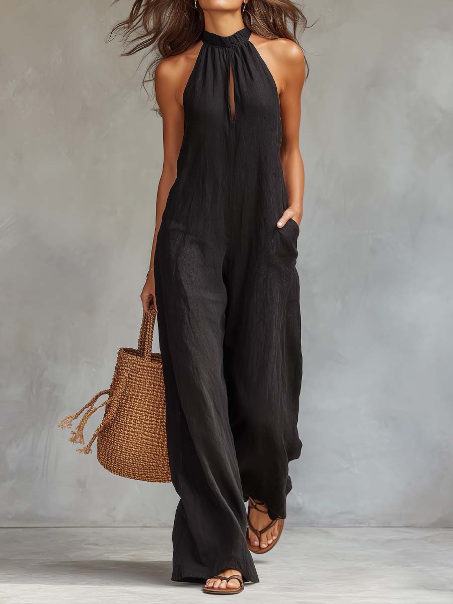 Retro Halter-neck Cotton And Linen Jumpsuit