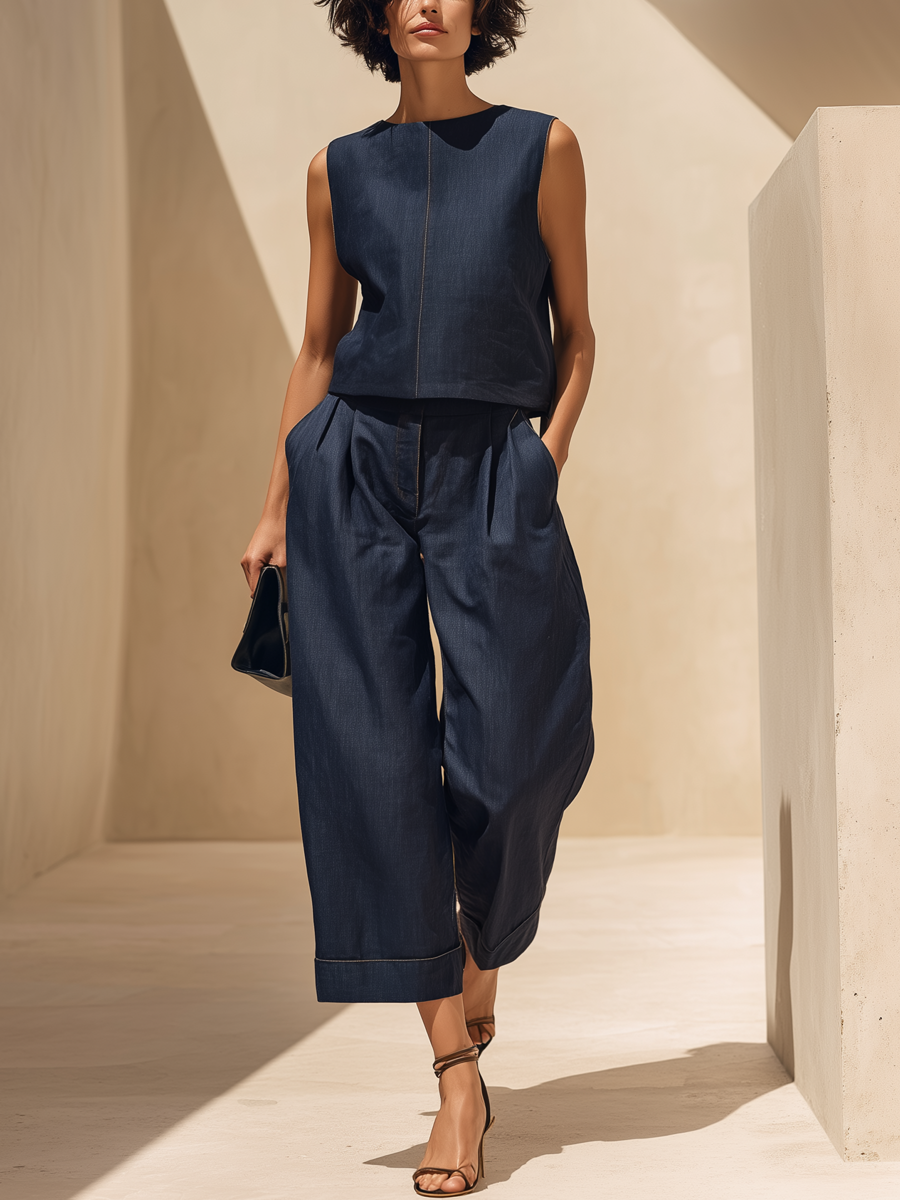 Elegant Denim Two-Piece Set - Sleeveless Top & Wide Leg Cropped Pants