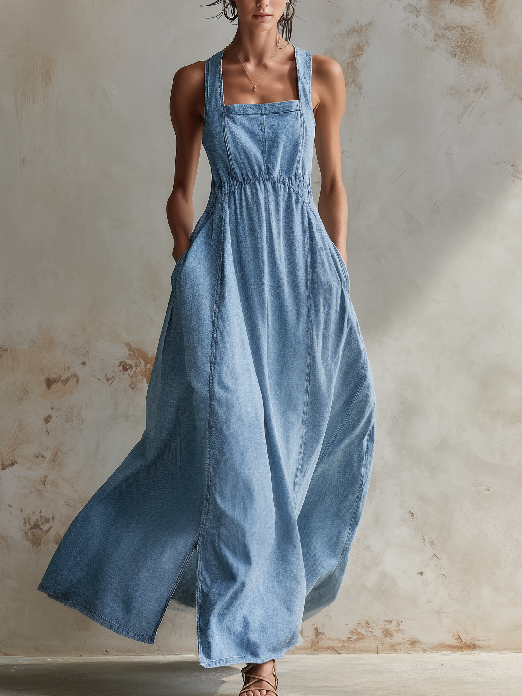 Square Neck Sleeveless Denim Maxi Dress