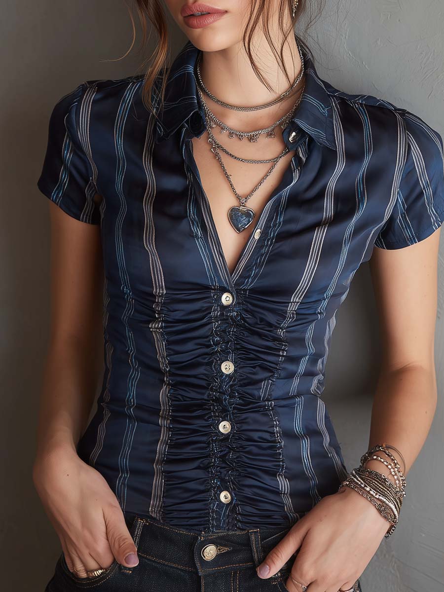 Retro Striped Slim-fit Polyester Satin Blouse