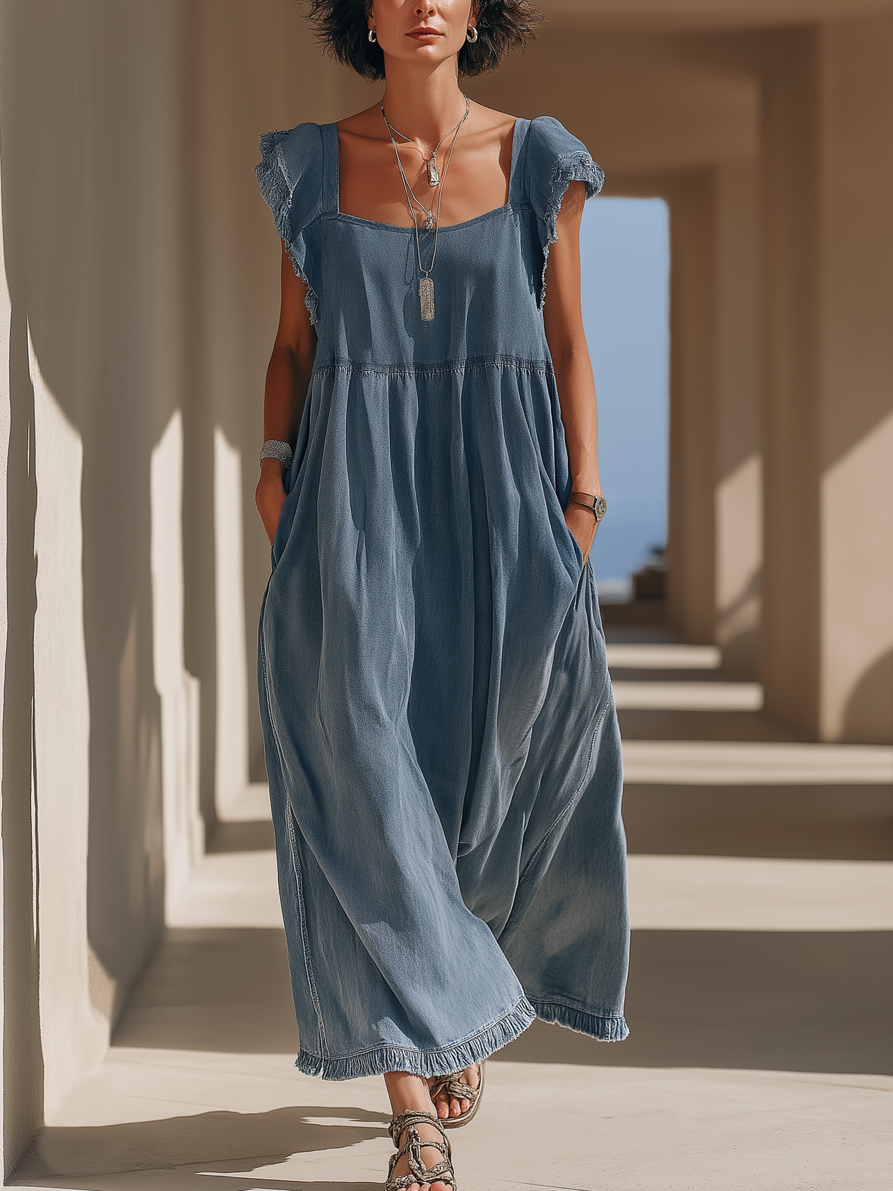 Frayed Denim Maxi Dress - Loose Square Neckline