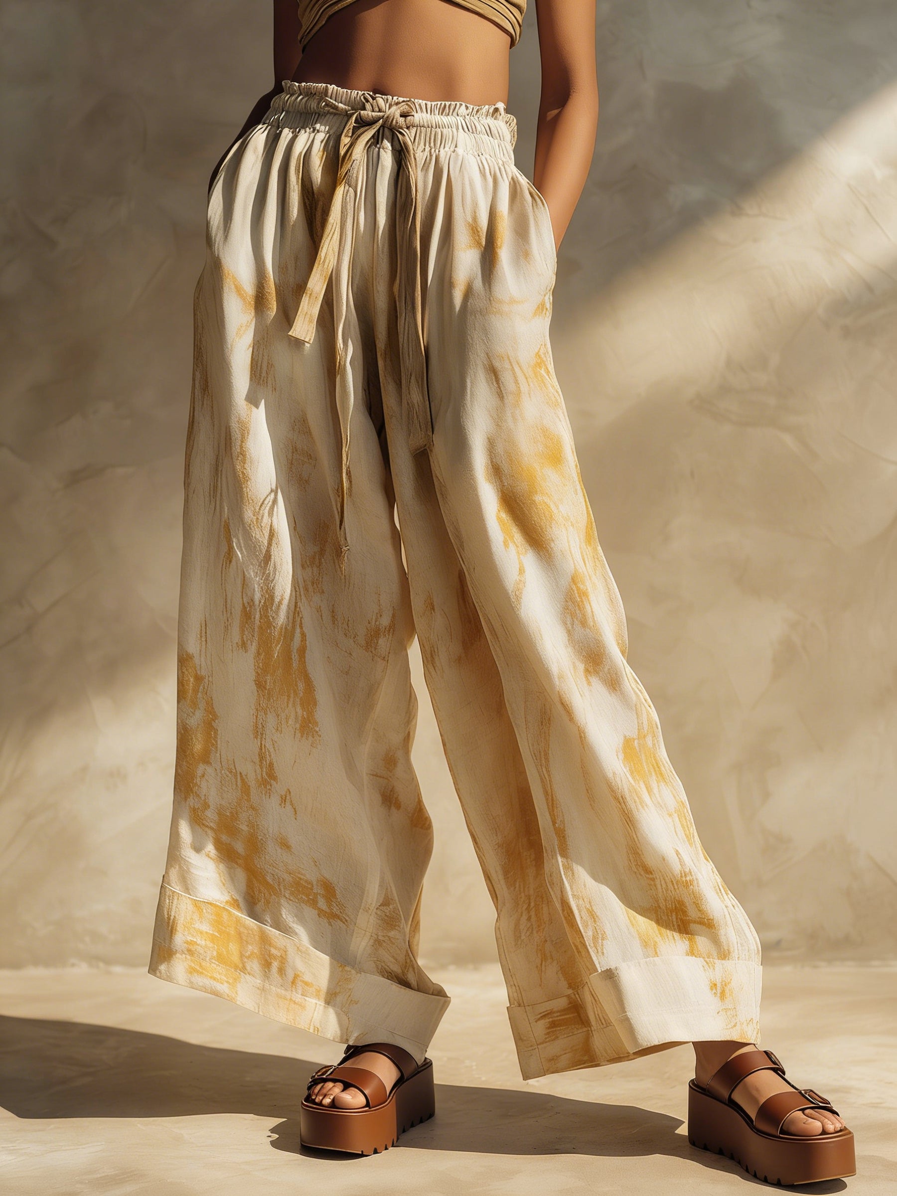 Lightweight Tie-Dye Linen Blend Pants With Cuffed Hem
