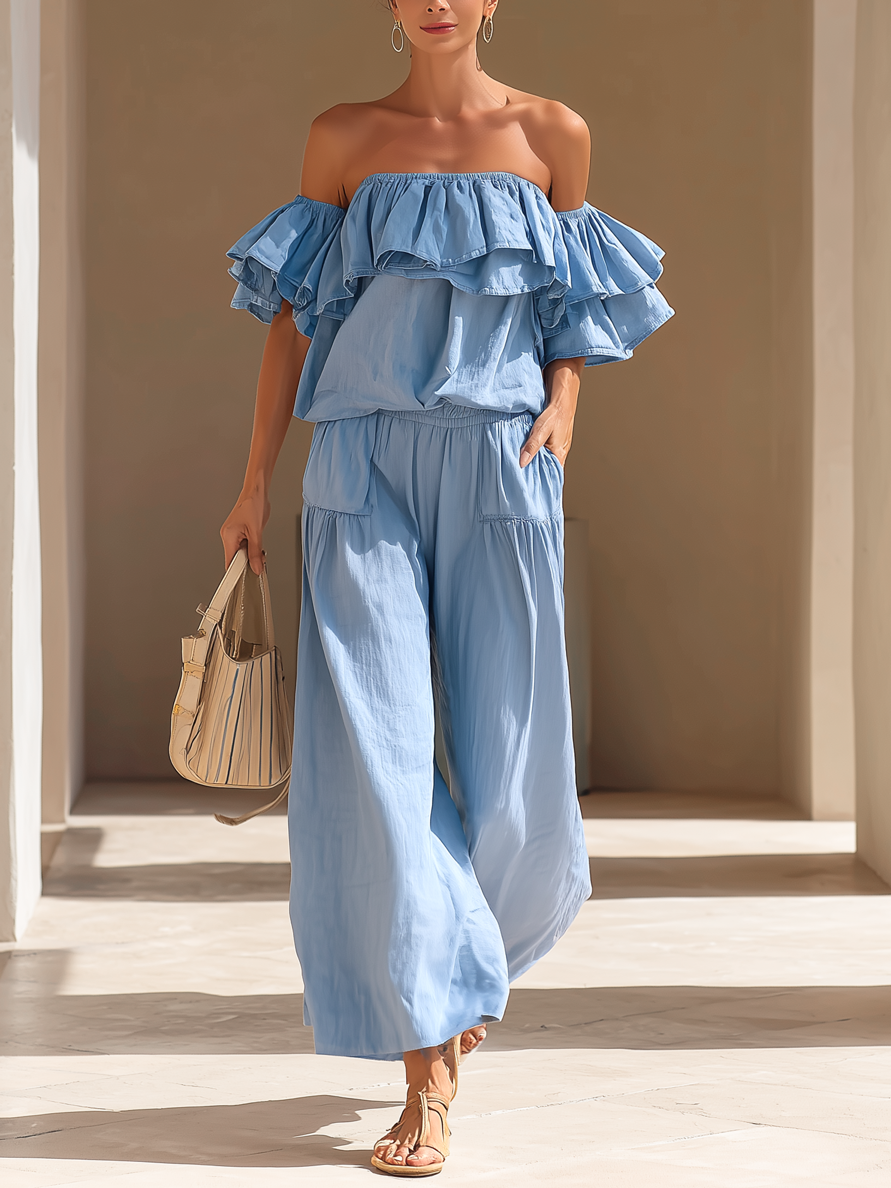 Lightweight Tencel Denim Off-the-Shoulder Ruffled Wide-Leg Jumpsuit