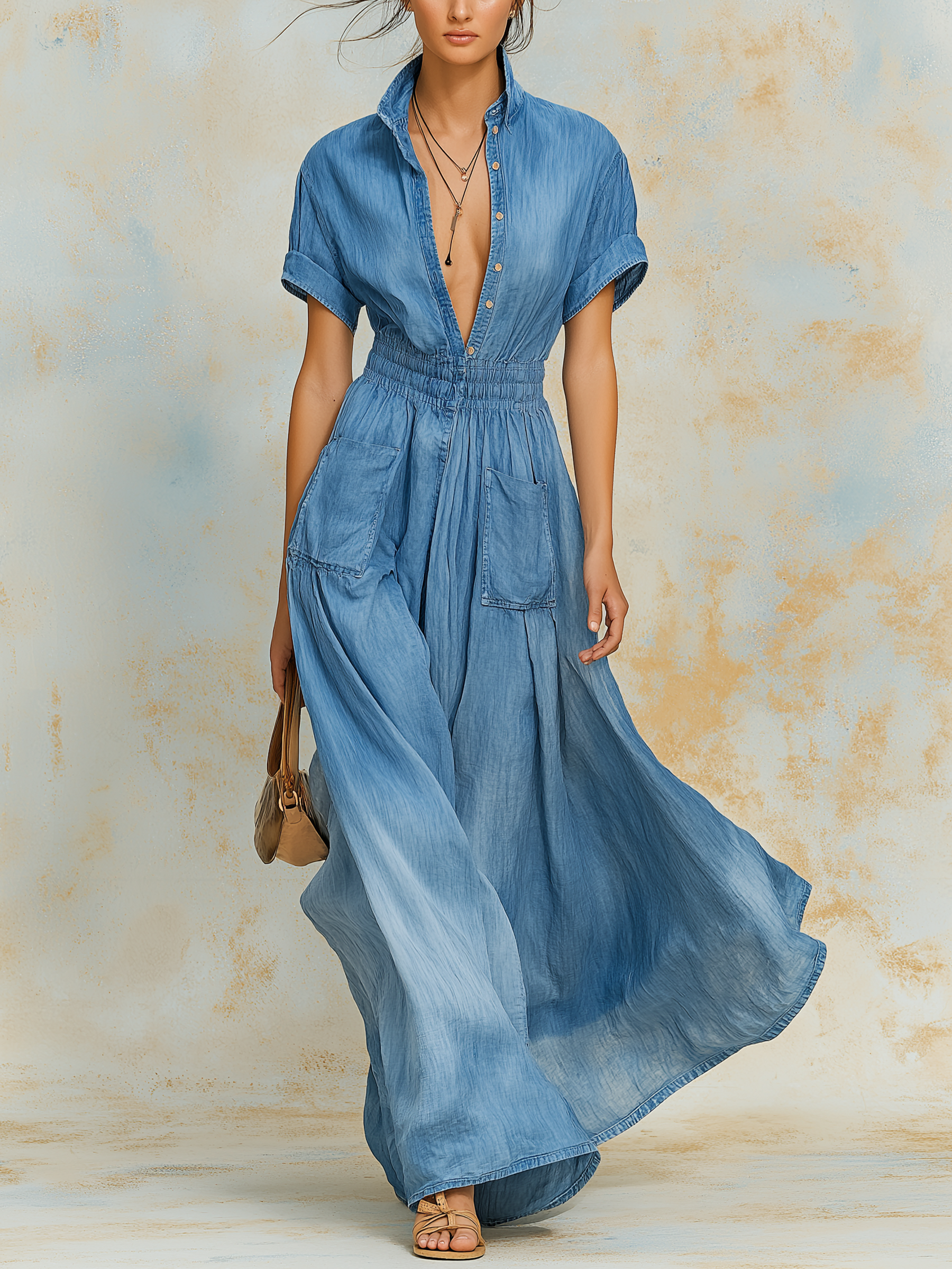 Collared Smocked Waist Patch Pocket Denim Maxi Dress