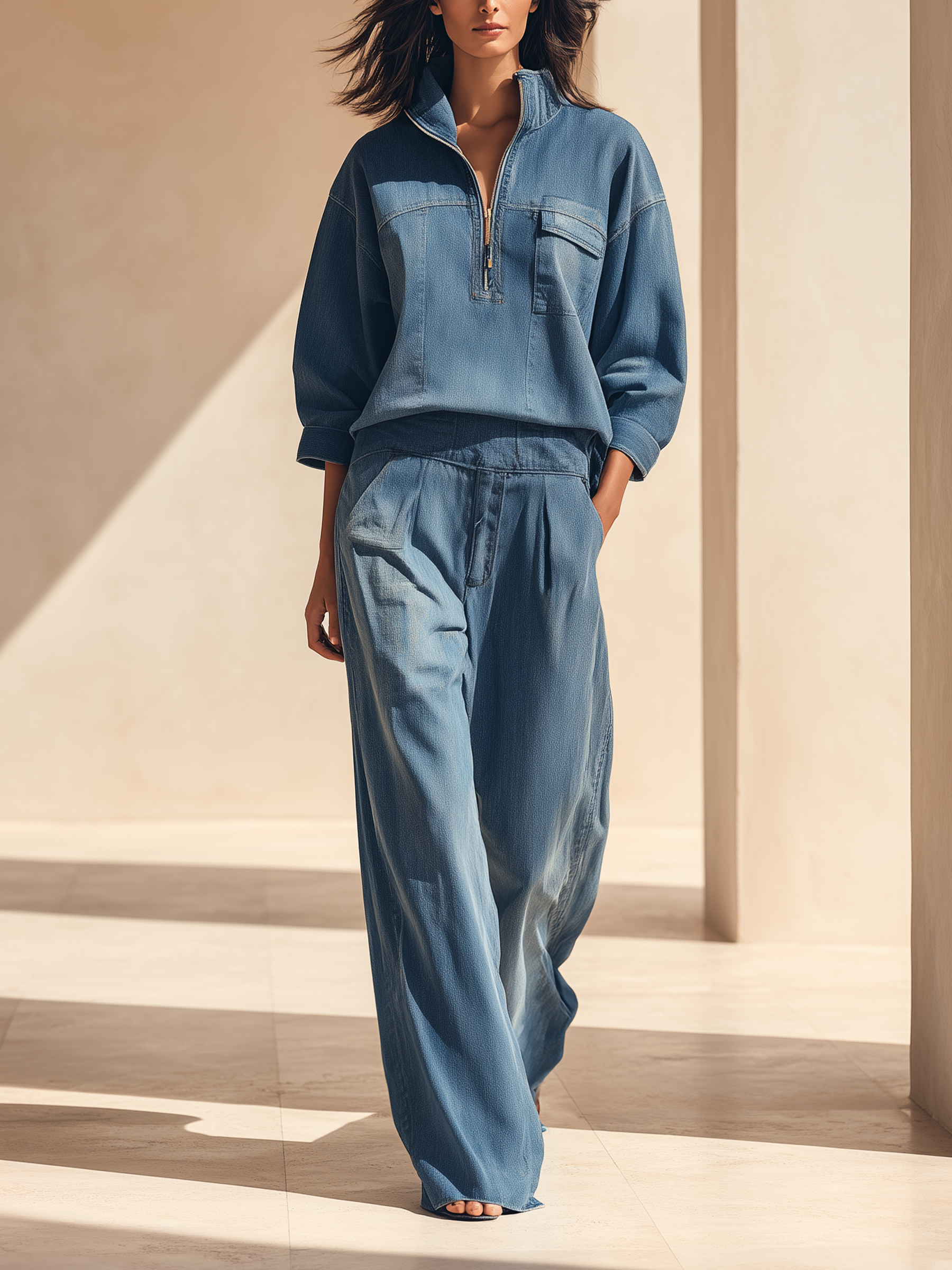 Light Wash Denim Half-Zip Oversized Wide-Leg Set