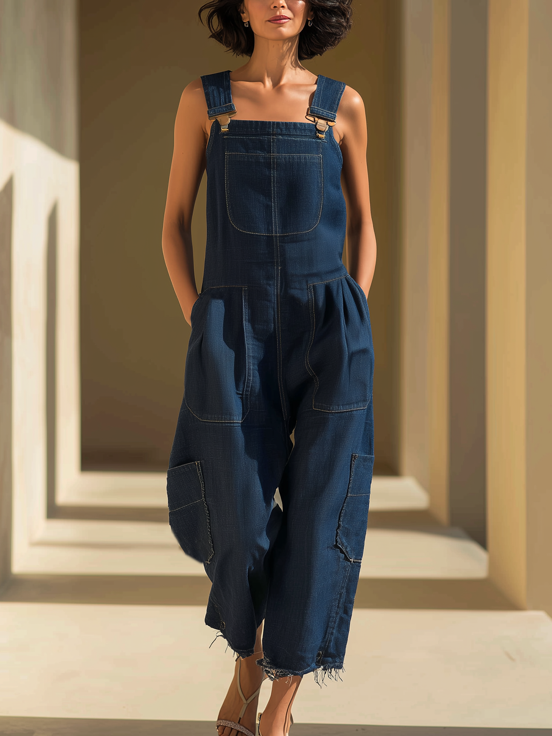 Dark Wash Denim Jumpsuit With Frayed Hems