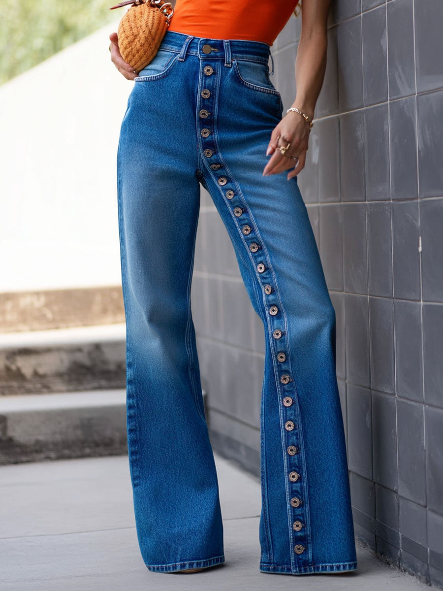 High-Rise Buttoned Wide-Leg Flare Jeans
