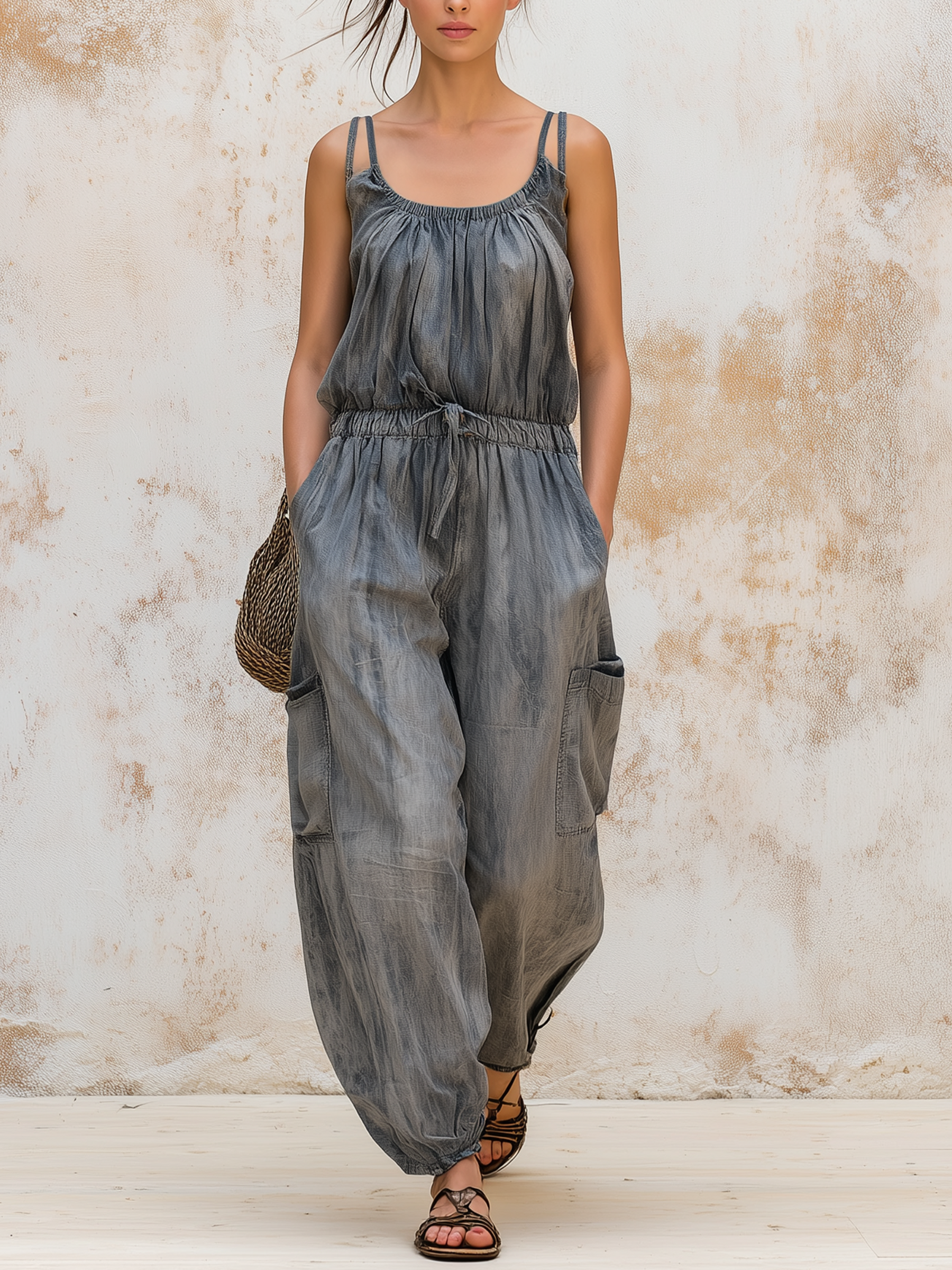 Double Strap Drawstring Waist Denim Jumpsuit