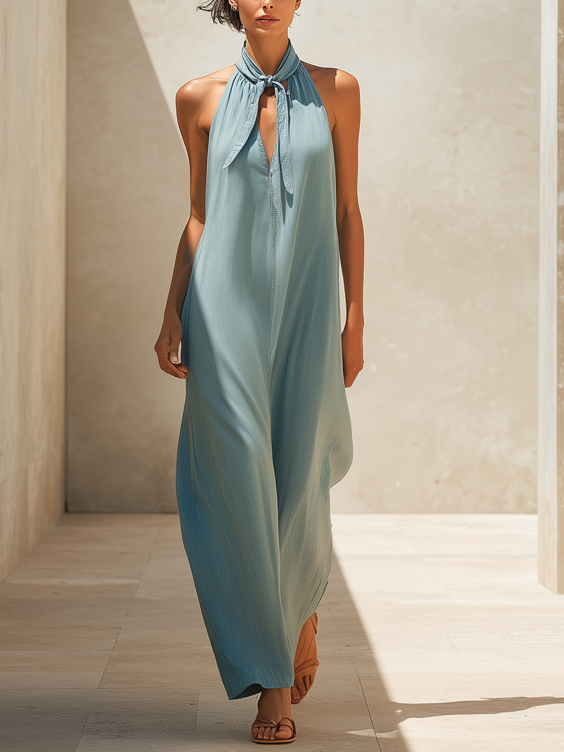 Light Blue Denim Lace-up Maxi Dress