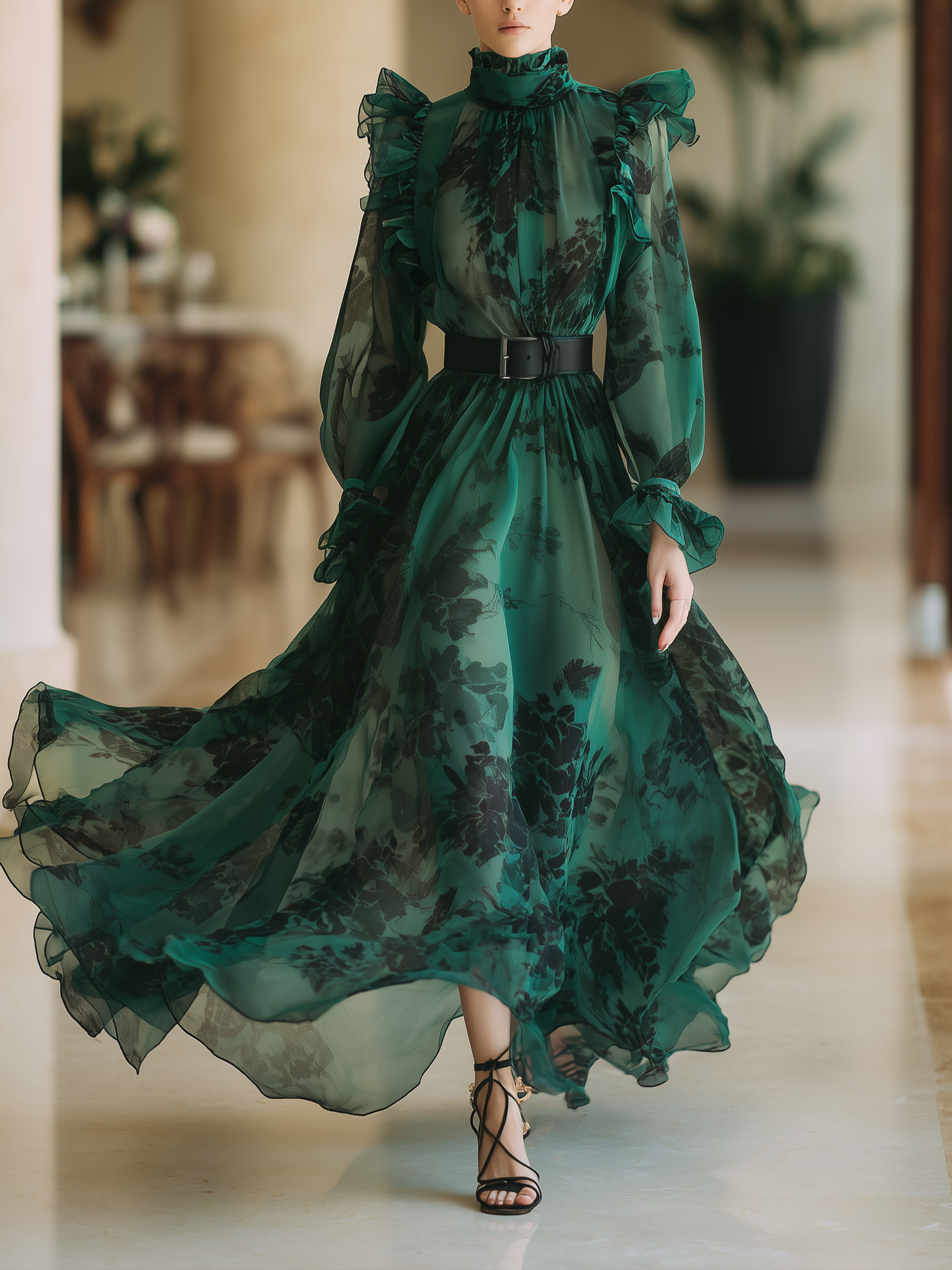 Emerald Floral Chiffon Maxi Dress With Ruffled Shoulders & Puff Sleeves