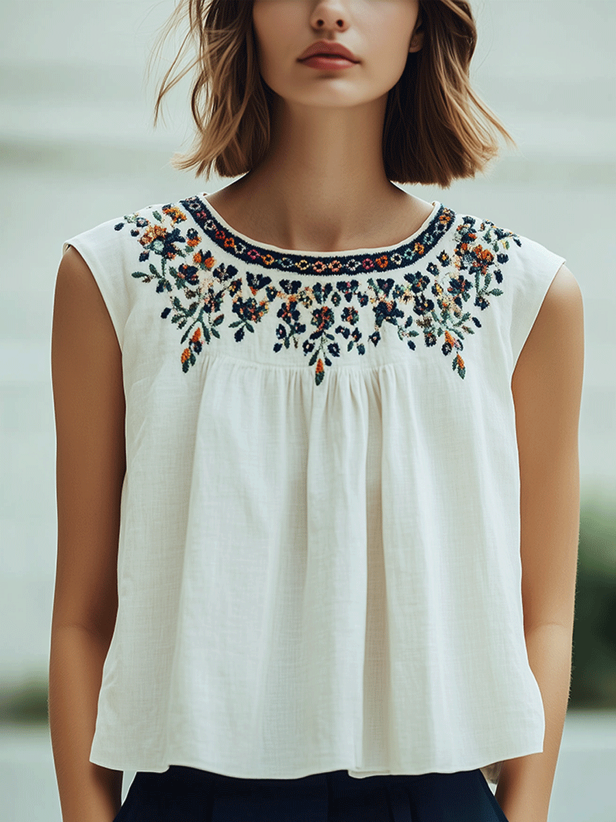 Bohemian Vintage Sleeveless Embroidered Top