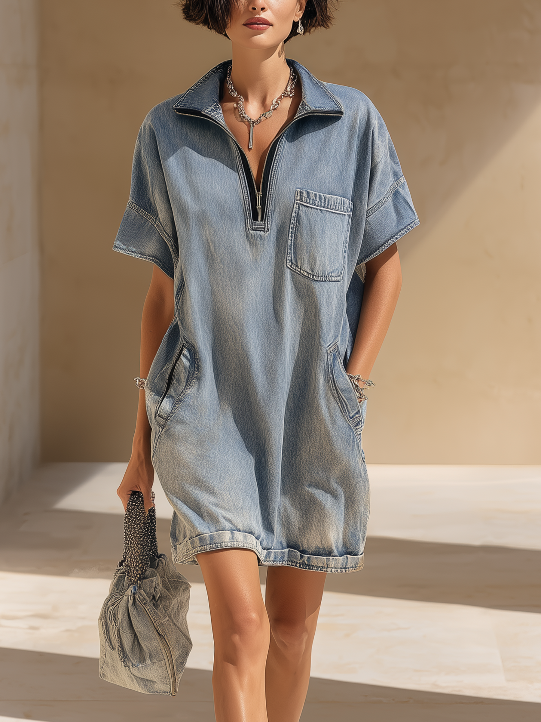 Half-Zip Collared Denim Shift Mini Dress With Pockets