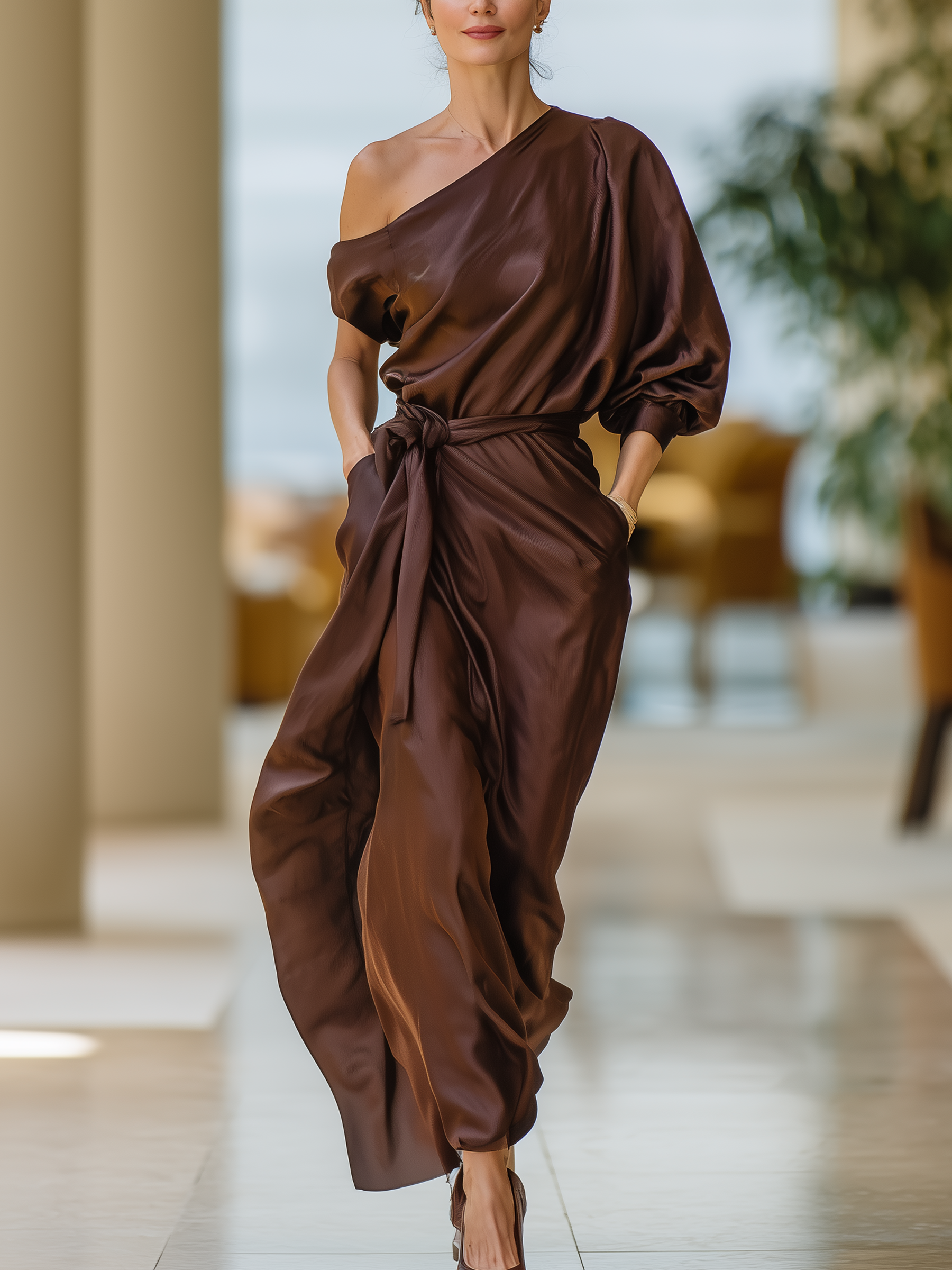 Chocolate Brown Satin One-Shoulder Maxi Dress With Tie-Waist Design