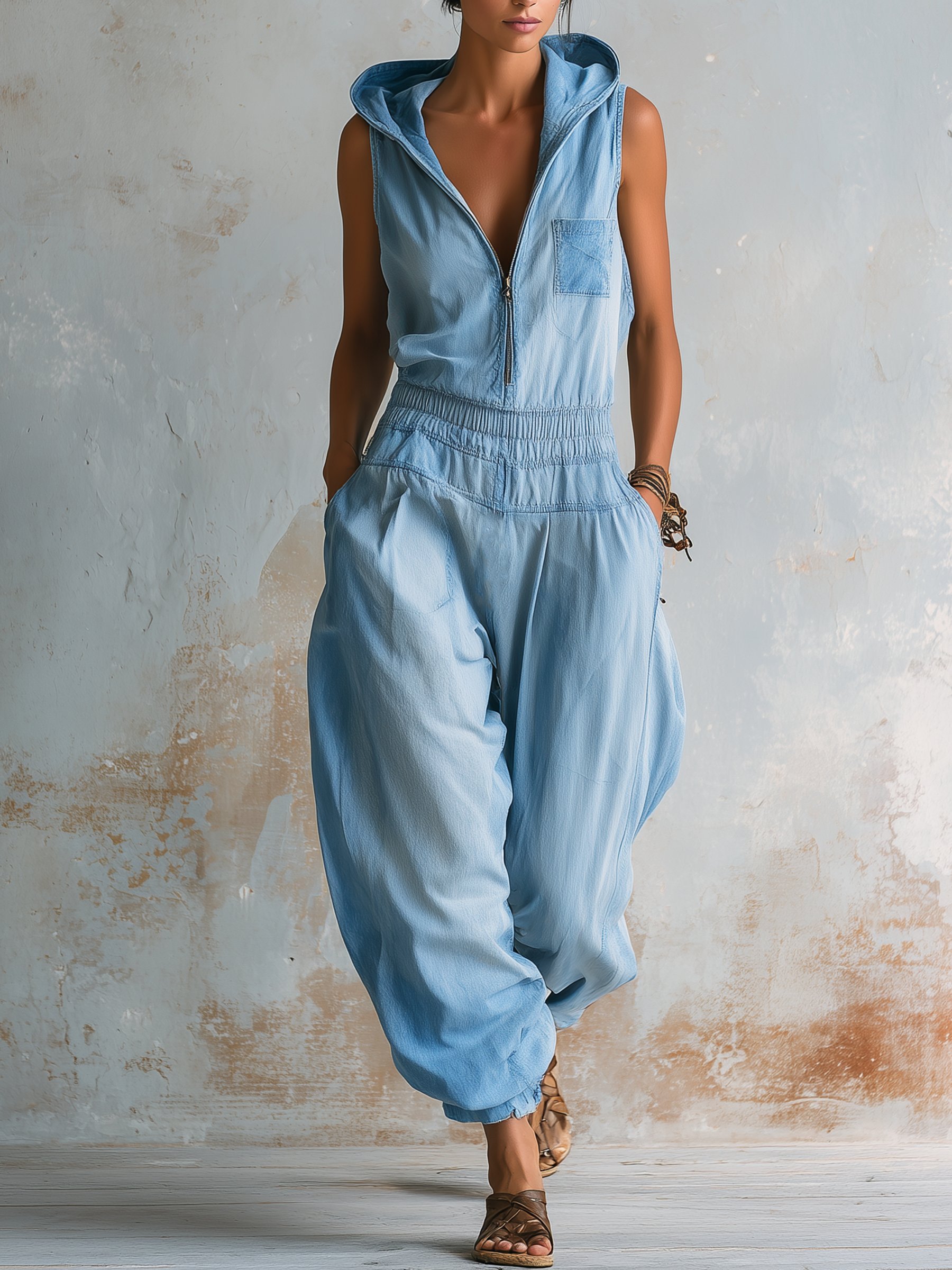 Hooded Zip-Front Smocked Waist Denim Jumpsuit