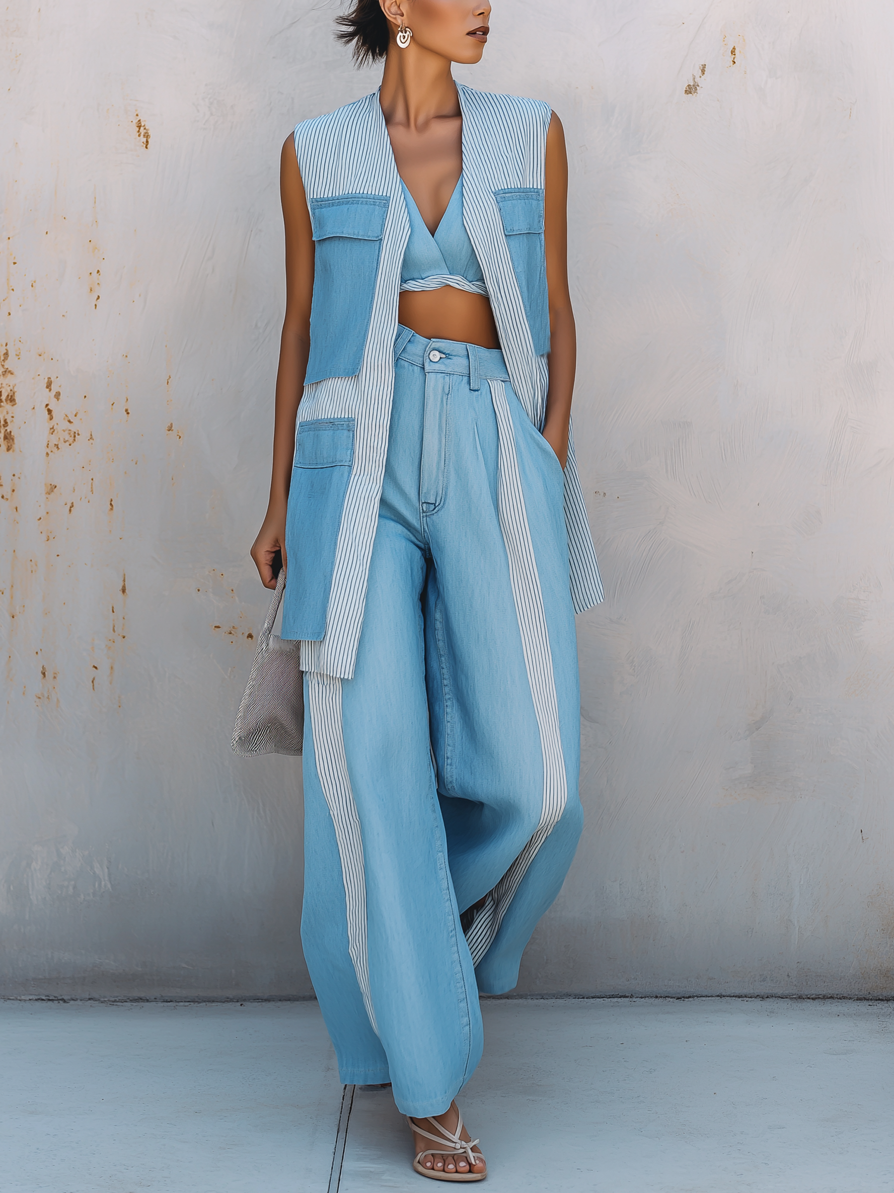 Lightweight Denim Striped Patchwork Two-Piece Set