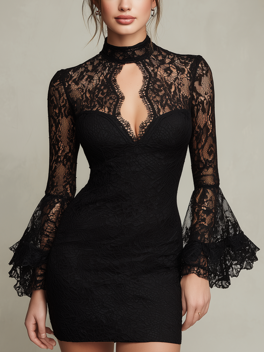 Black Lace Turtleneck Cutout Bell Sleeve Bodycon Mini Dress