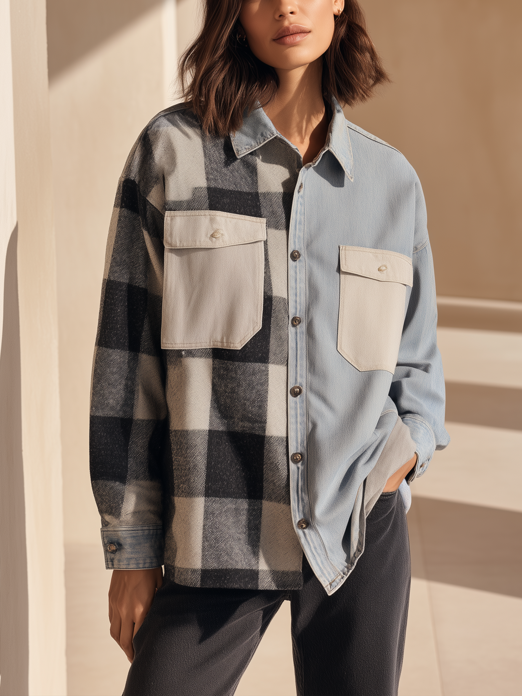 Two-Tone Plaid & Denim Oversized Shirt