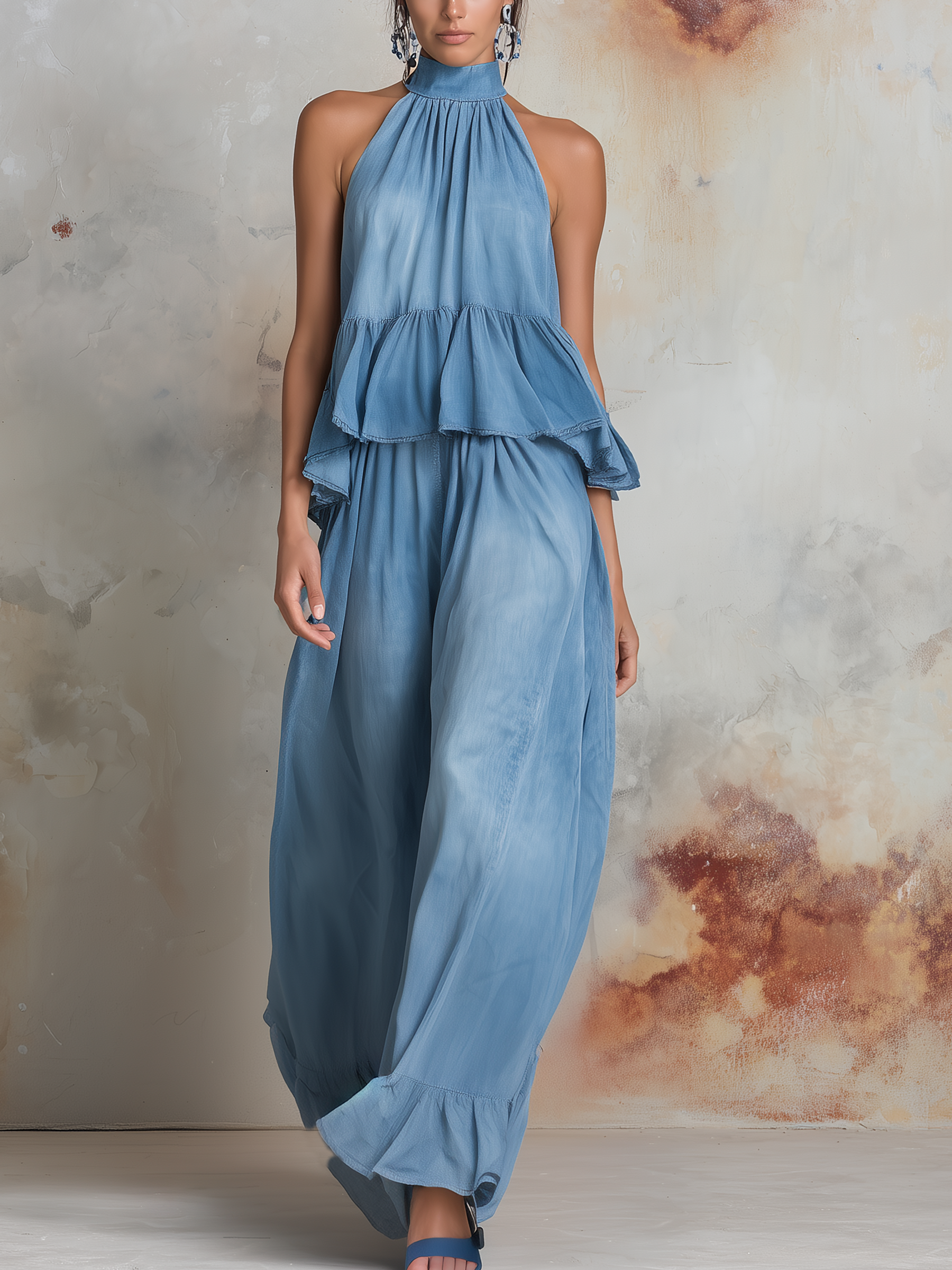 Ruffled Halter Denim 2-Piece Set