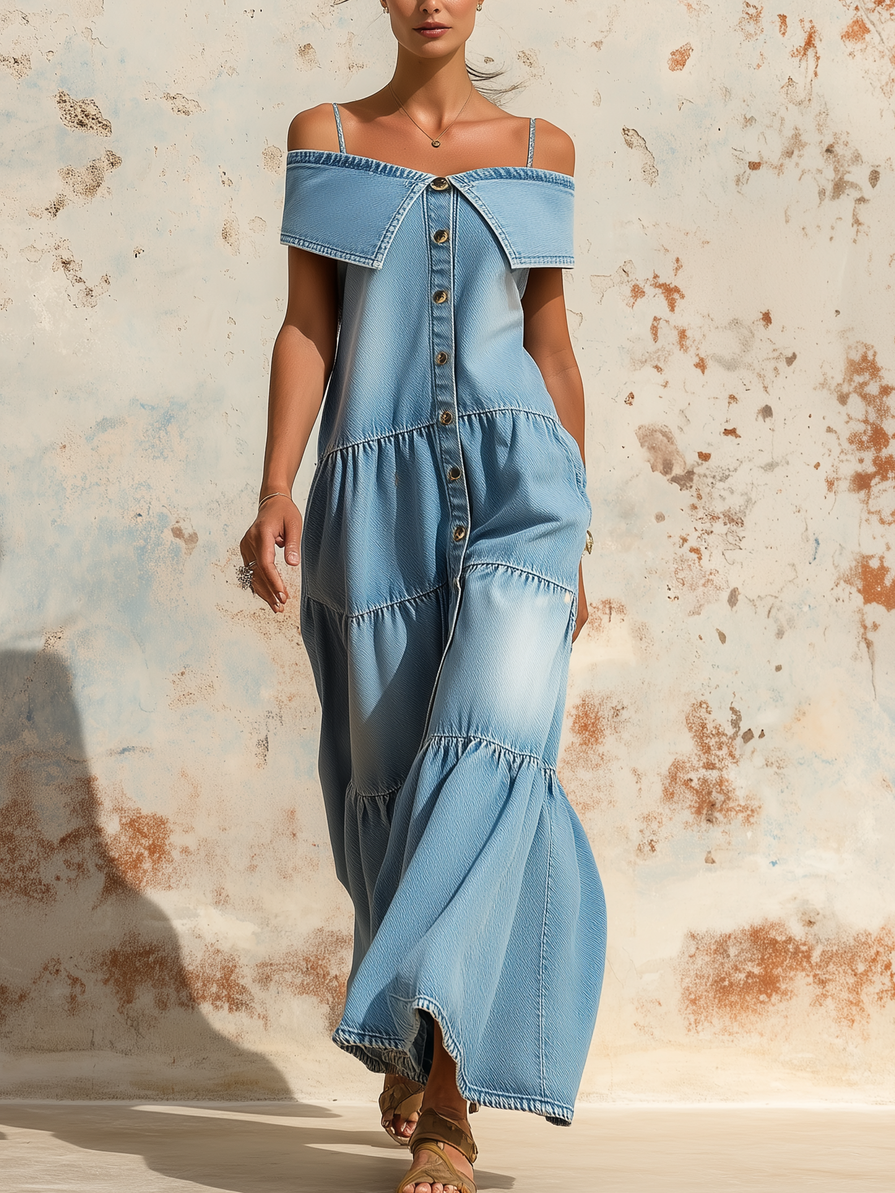 Women's Light Wash Denim Off-Shoulder Tiered Maxi Dress