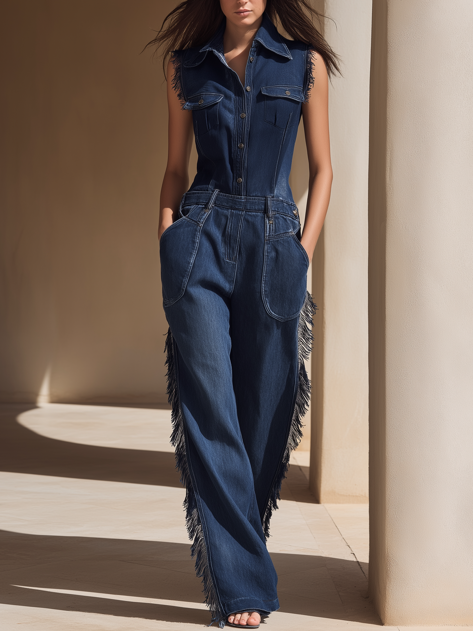 Mid Blue Sleeveless Fringed Denim Jumpsuit
