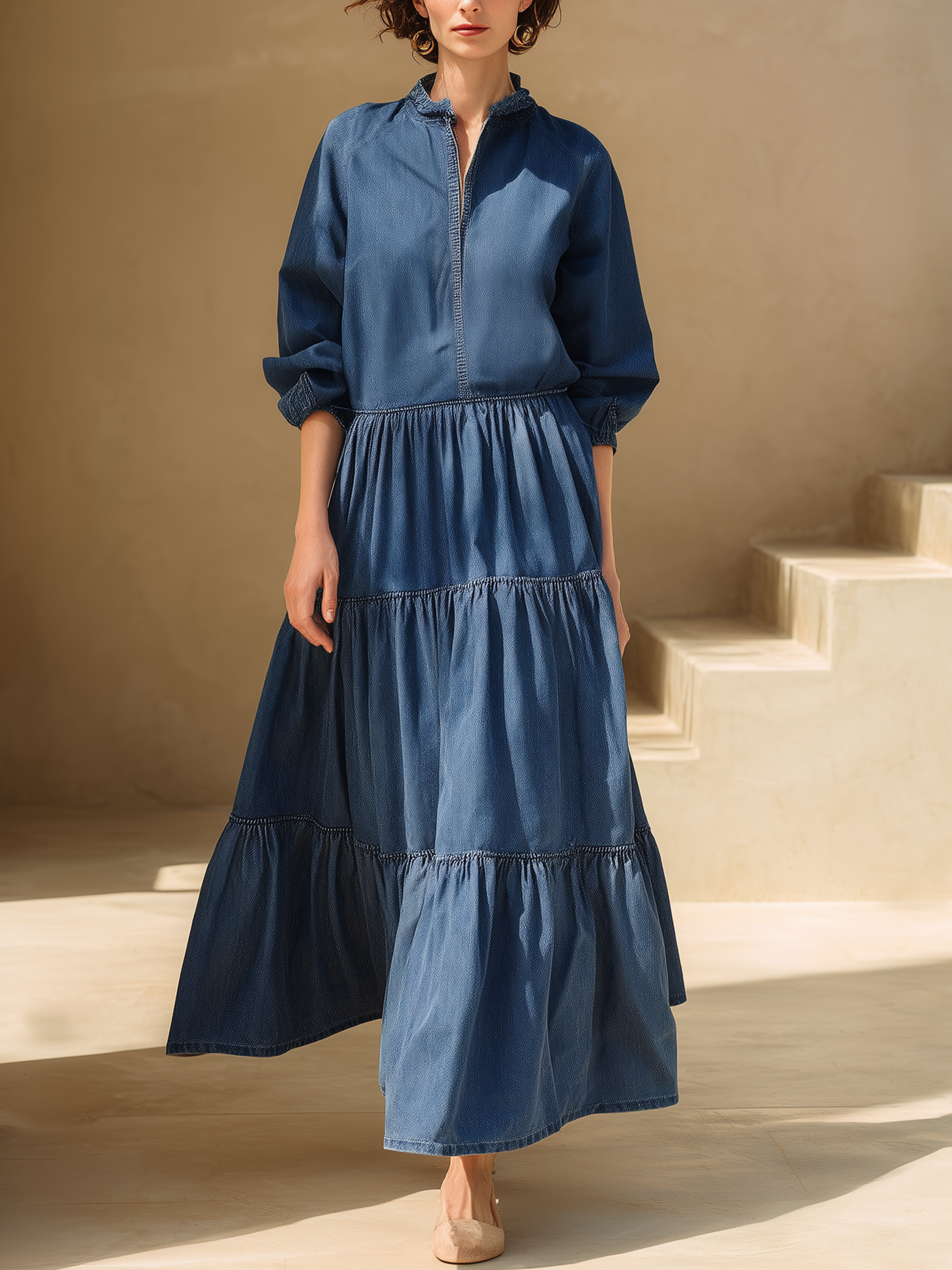 Navy Blue Tencel Denim Tiered Maxi Dress