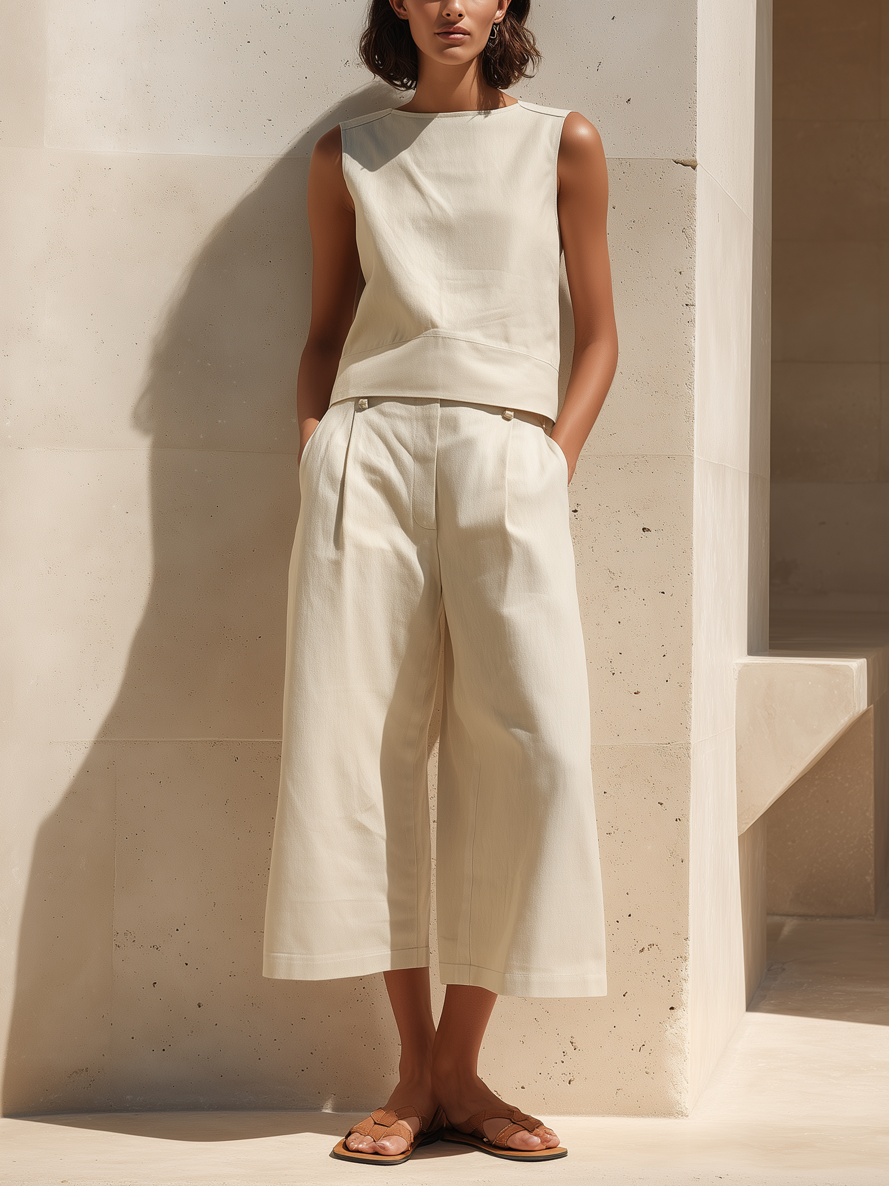 Off-White Sleeveless Denim Top & Culottes Set