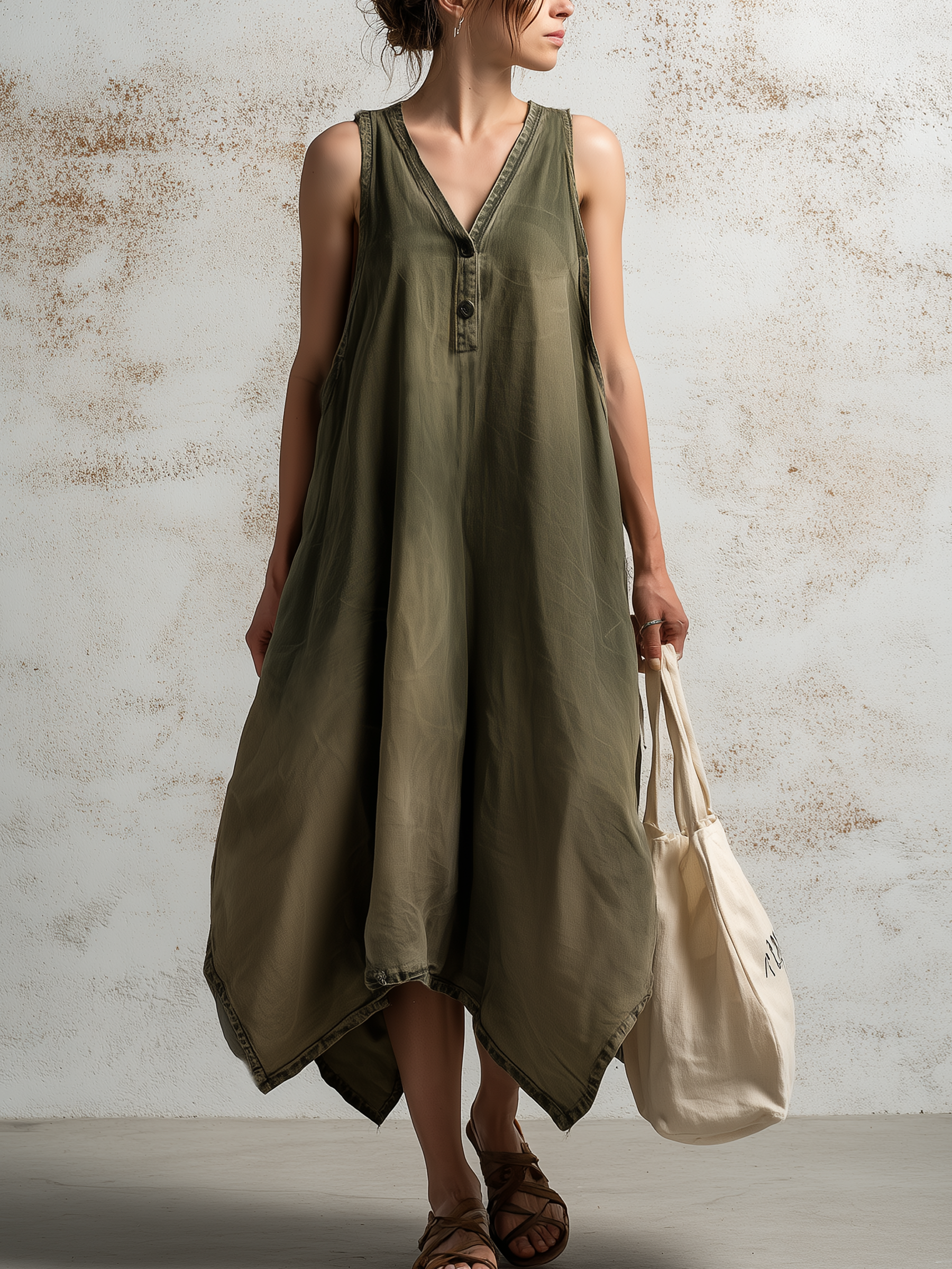 Olive Washed Sleeveless V-Neck Maxi Dress