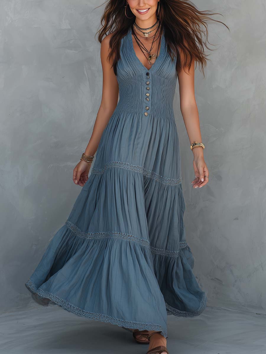 Vintage Lace Trim Button-down Maxi Dress