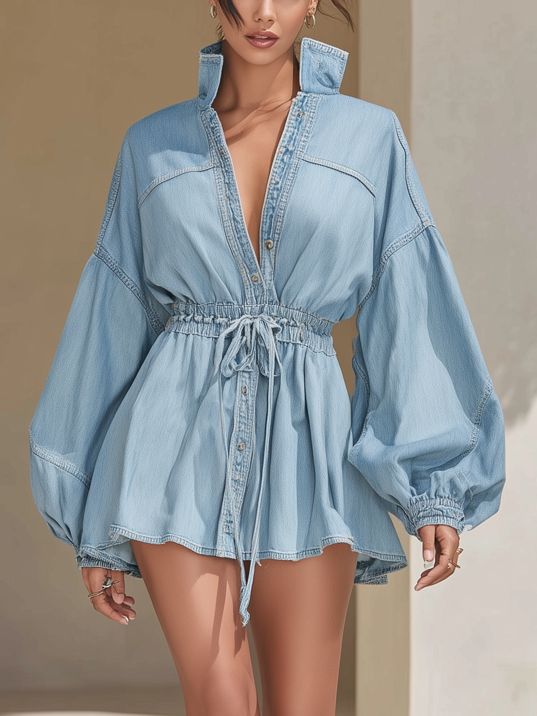 Light Wash Drawstring Waist Balloon Sleeve Denim Mini Dress