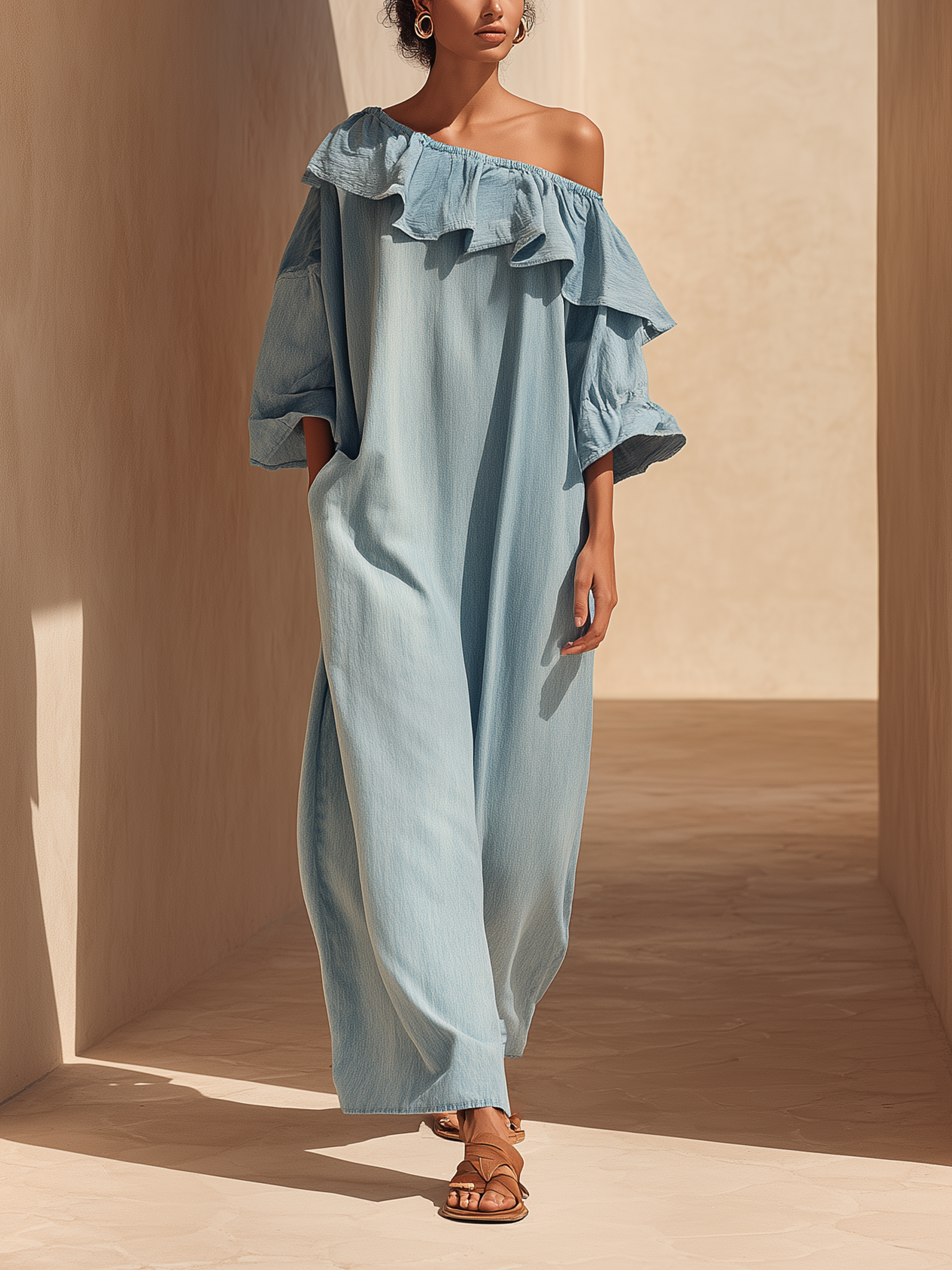 Light Wash Ruffled Off-Shoulder Denim Maxi Dress