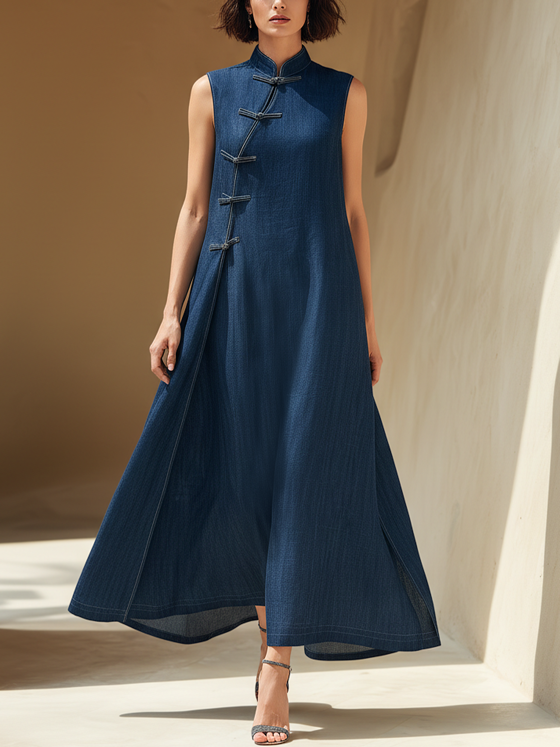 Sleeveless Mandarin Collar Denim Maxi Dress With Frog Buttons