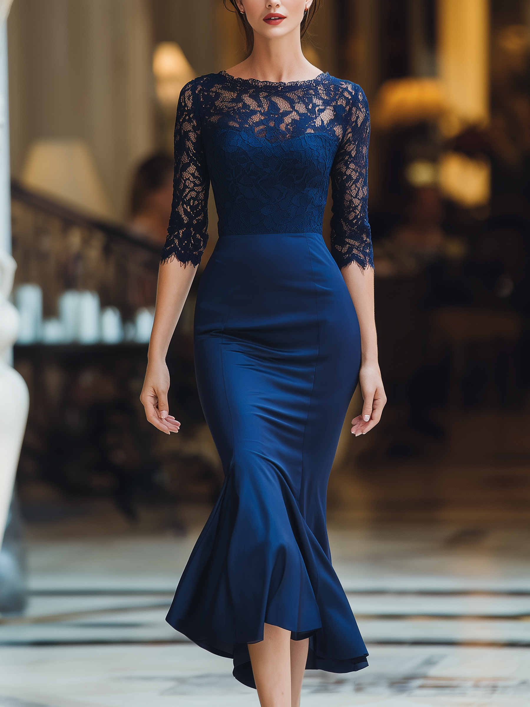 Elegant Navy Blue Lace Mermaid Long Dress