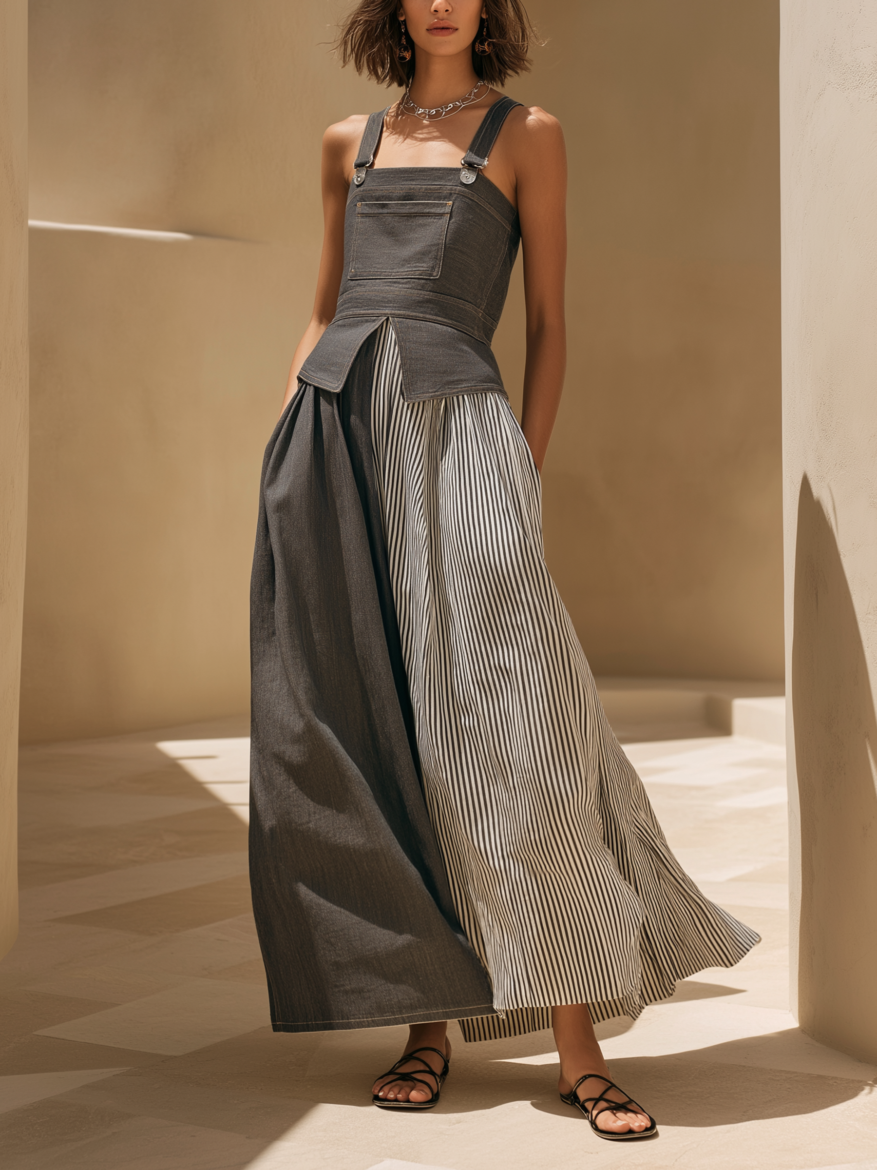 Mixed-Media Overalls Maxi Dress