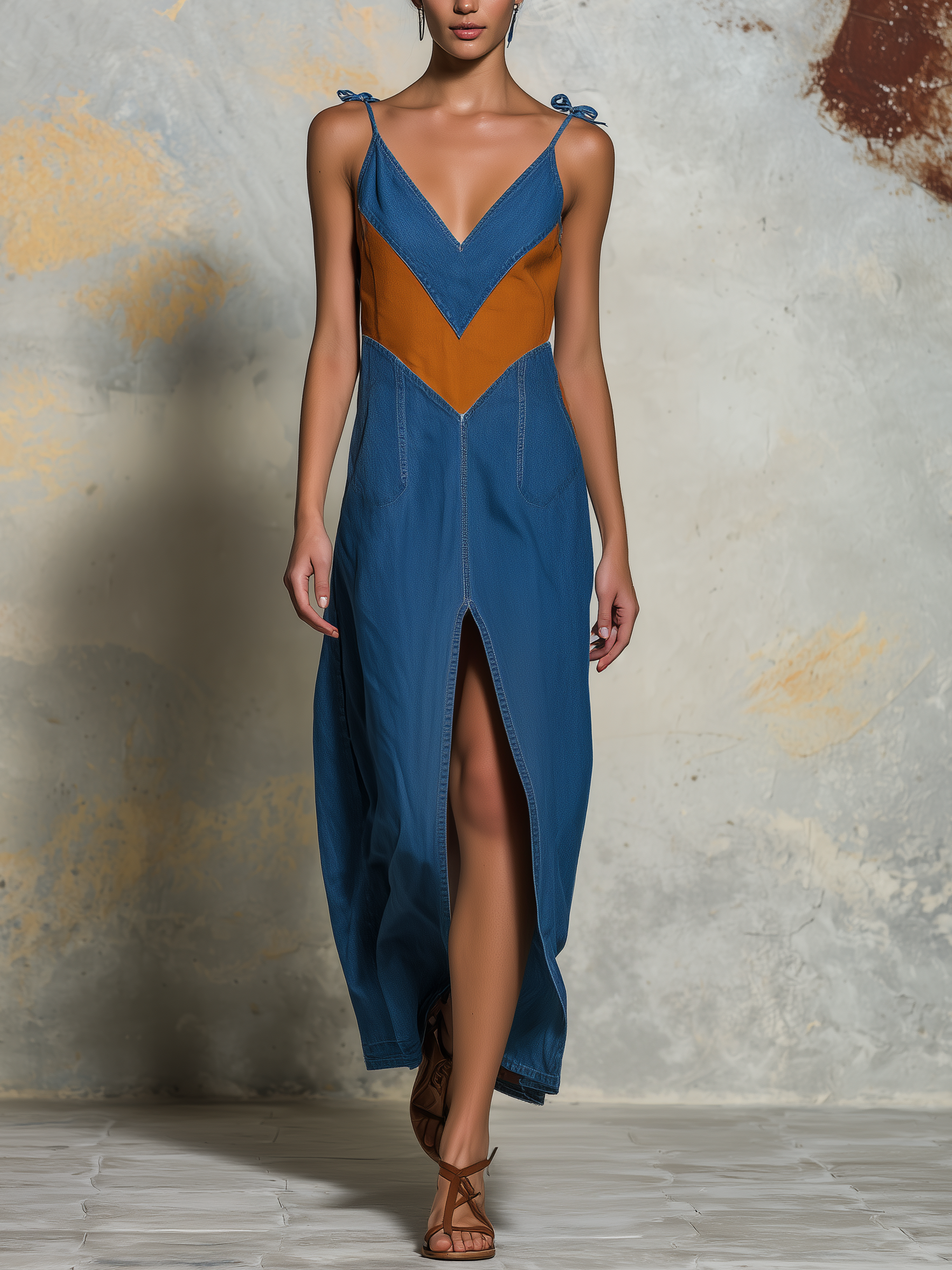 Color Block Denim Spaghetti Strap Maxi Dress