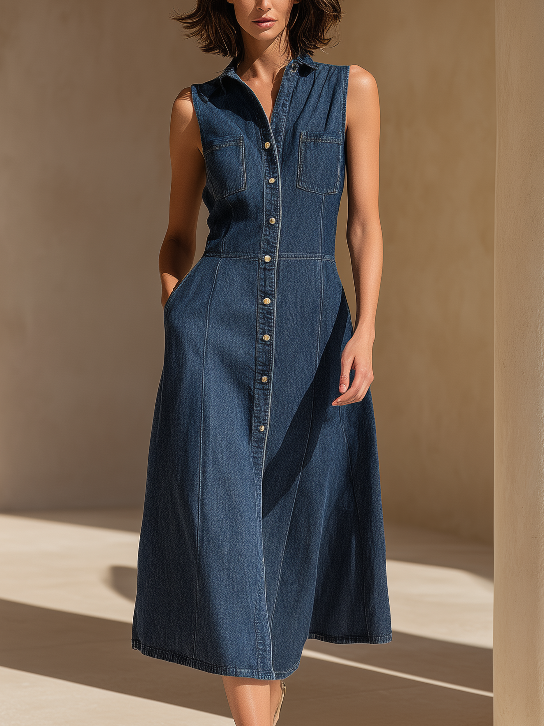 Sleeveless Denim Shirt Dress | Button-Front Slim-Fit A-Line Midi Dress