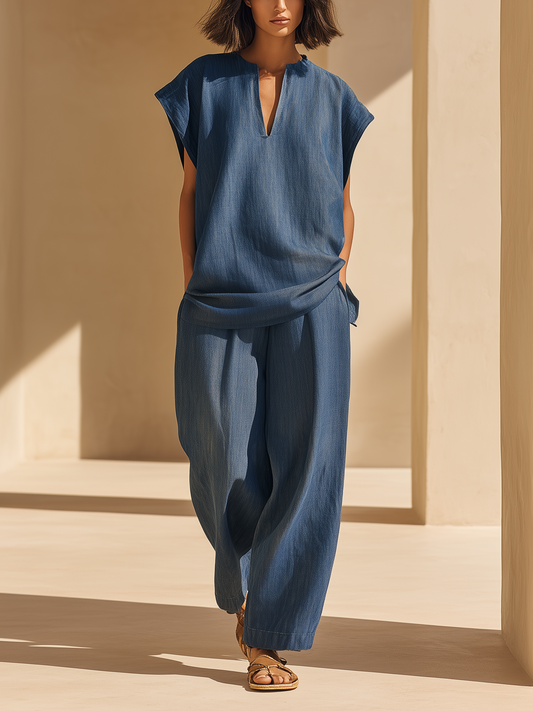 Split-Neck Tunic & Wide-Leg Pants Set